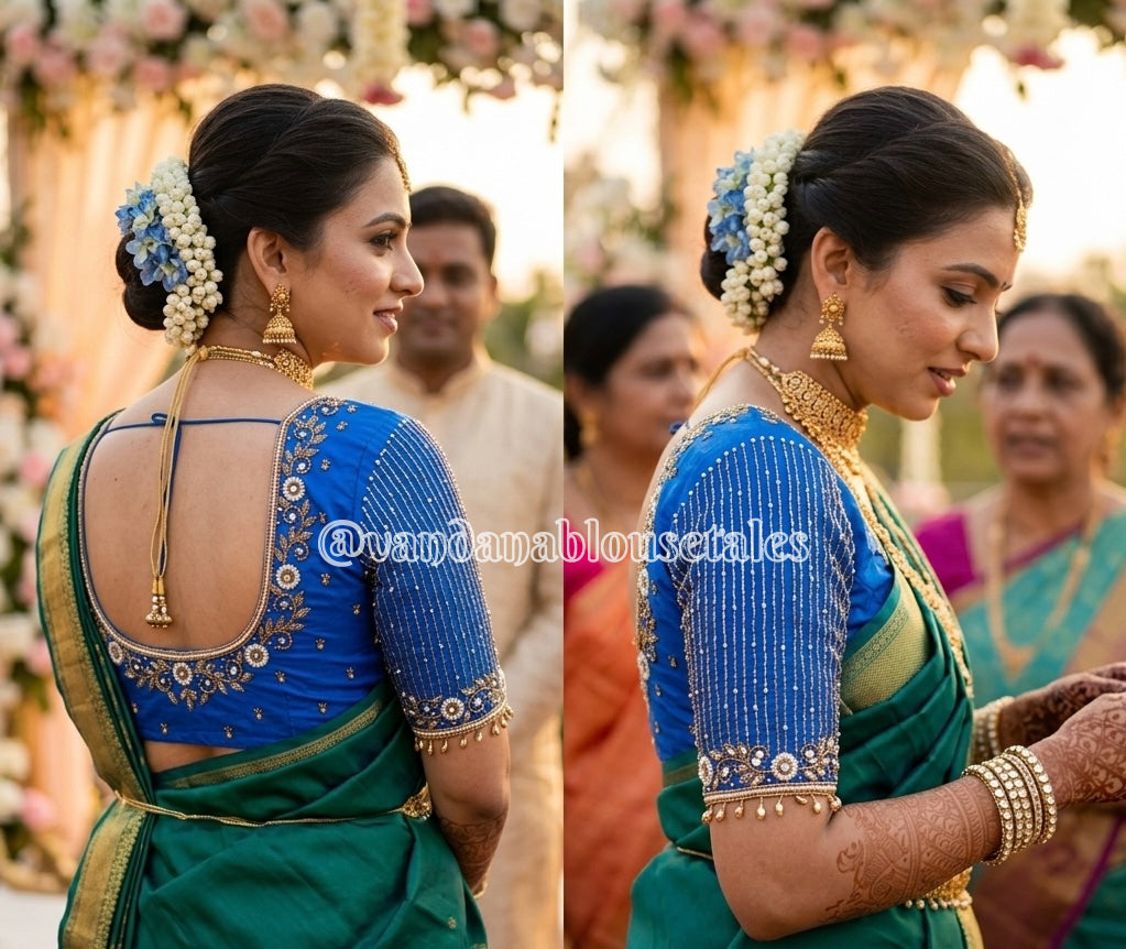 Parrot Green Aari Work Blouse Fabric in Devi silk 1 metre with Cutdana Hand Embroidery | Designer Blouse Piece for Bridal & Festive Wear