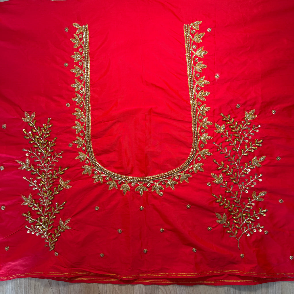 Red Aari Work Blouse Fabric in Devi silk 1.10 metre with Cutdana Hand Embroidery | Designer Blouse Piece for Bridal & Festive Wear