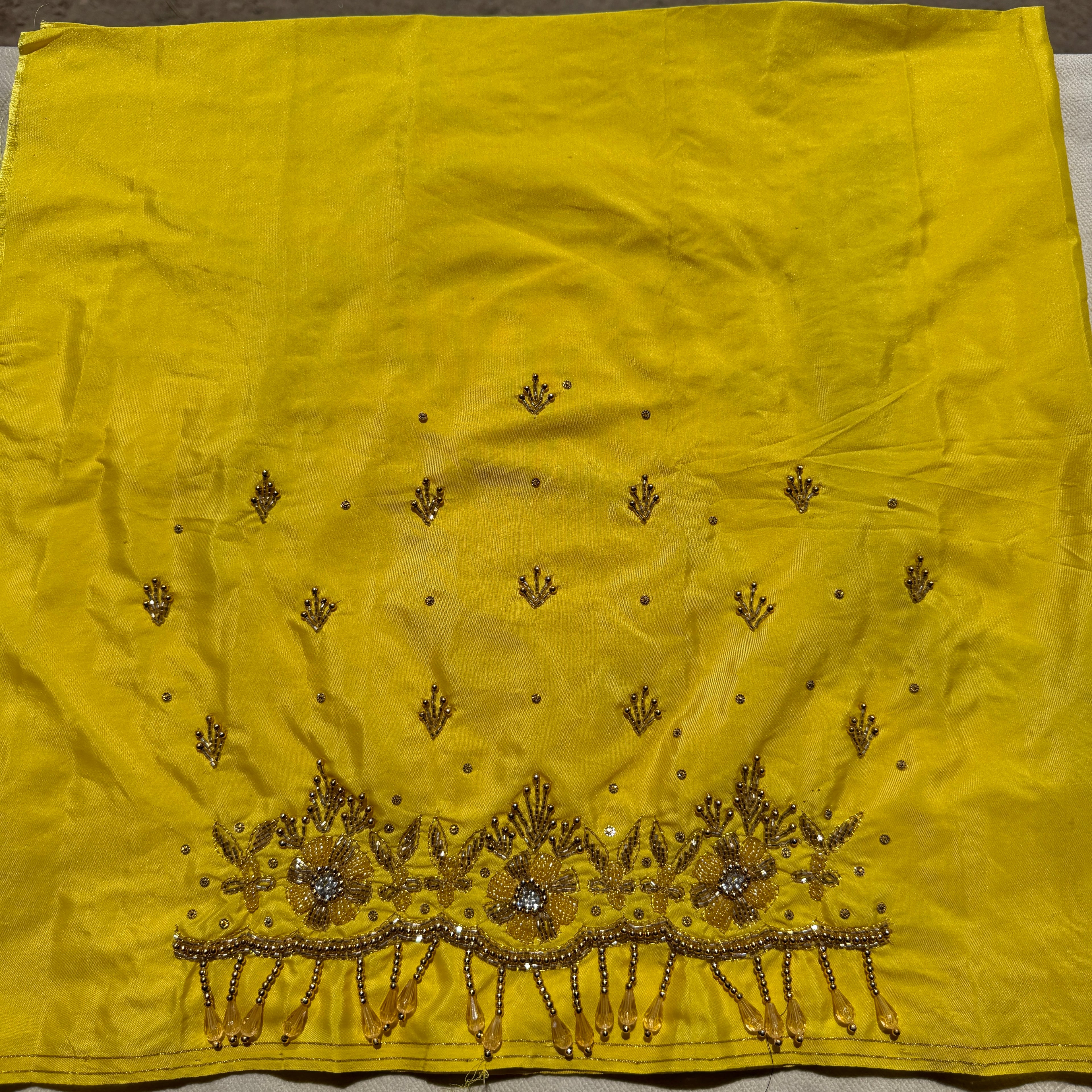 Lemon yellow Aari Work Blouse Fabric in Devi silk 1 metre with Cutdana Hand Embroidery | Designer Blouse Piece for Bridal & Festive Wear