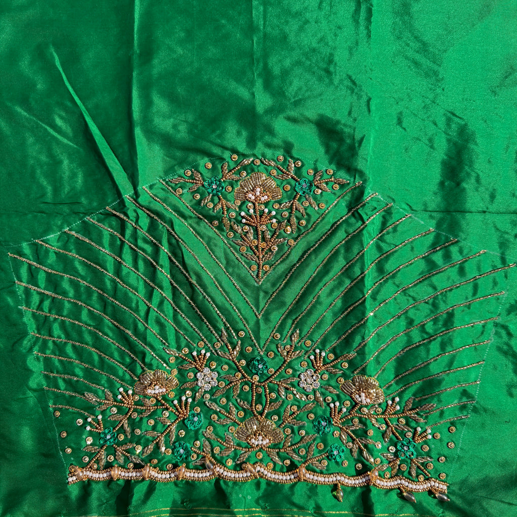 Leaf Green Aari Work Blouse Fabric in Devi silk 1 metre with Cutdana Hand Embroidery | Designer Blouse Piece for Bridal & Festive Wear