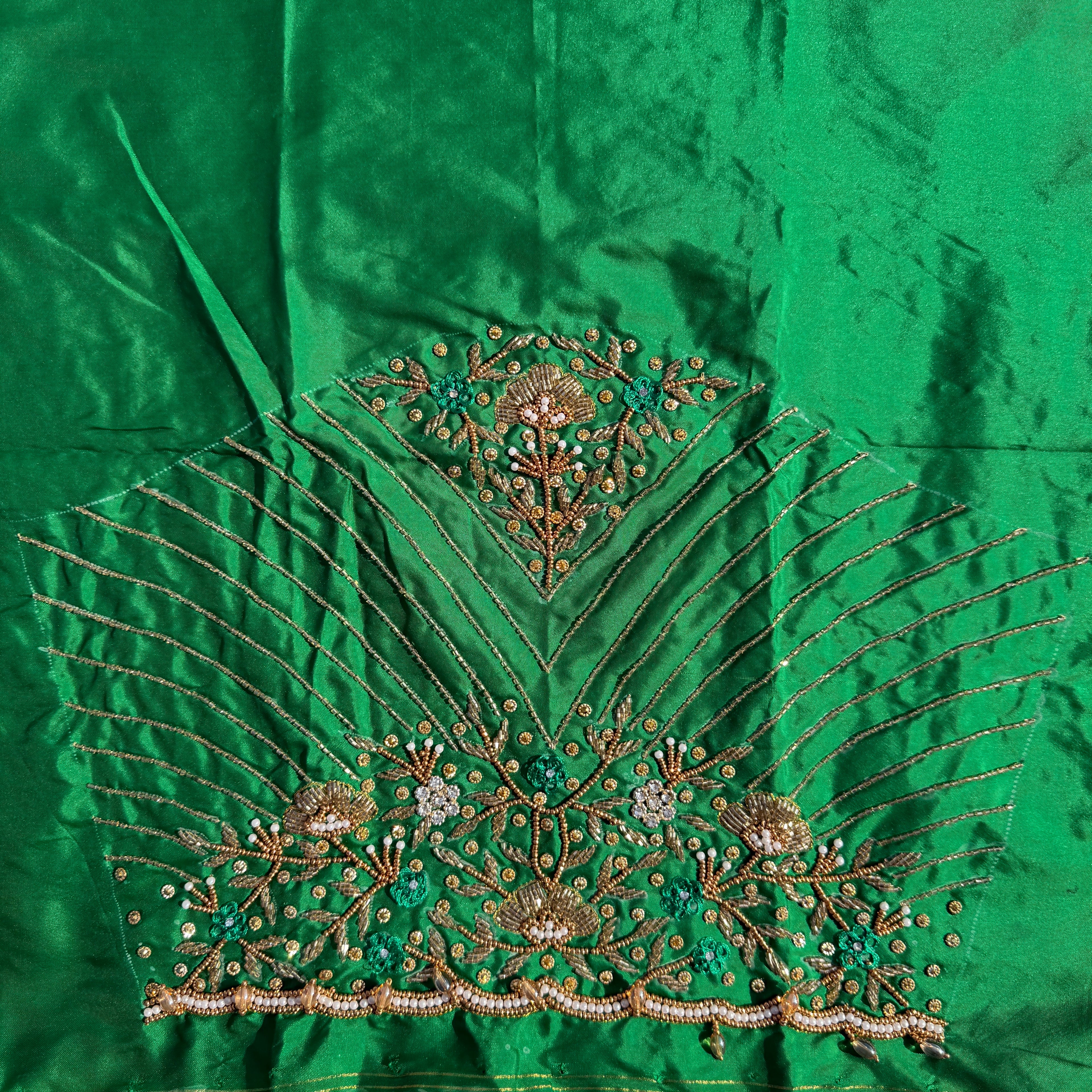 Leaf Green Aari Work Blouse Fabric in Devi silk 1 metre with Cutdana Hand Embroidery | Designer Blouse Piece for Bridal & Festive Wear