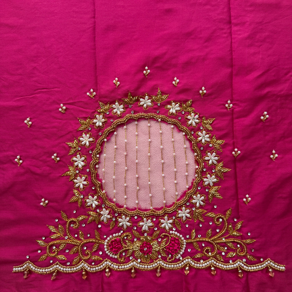 Rani pink Aari Work Blouse Fabric in Devi silk 1 metre with Cutdana Hand Embroidery | Designer Blouse Piece for Bridal & Festive Wear