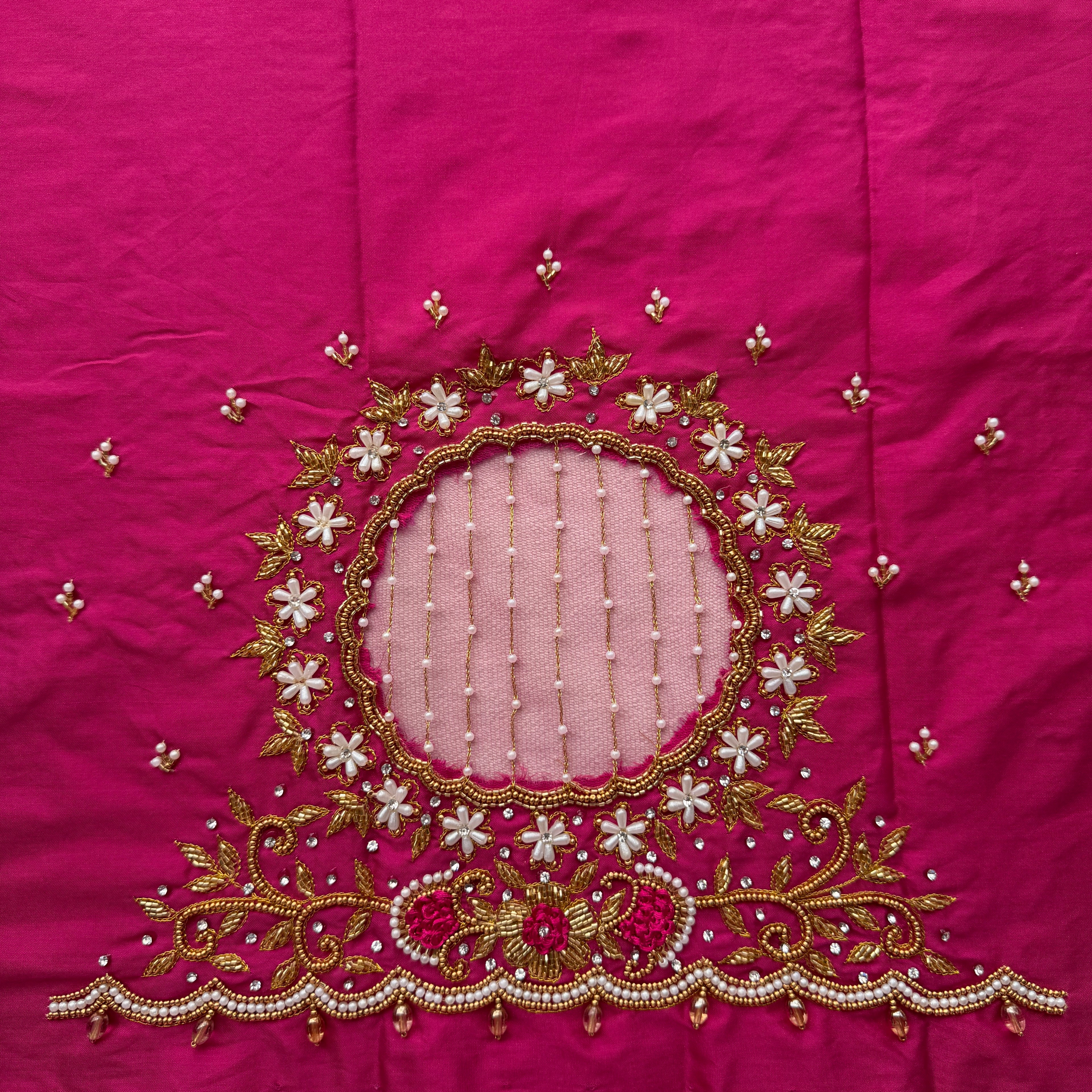 Rani pink Aari Work Blouse Fabric in Devi silk 1 metre with Cutdana Hand Embroidery | Designer Blouse Piece for Bridal & Festive Wear