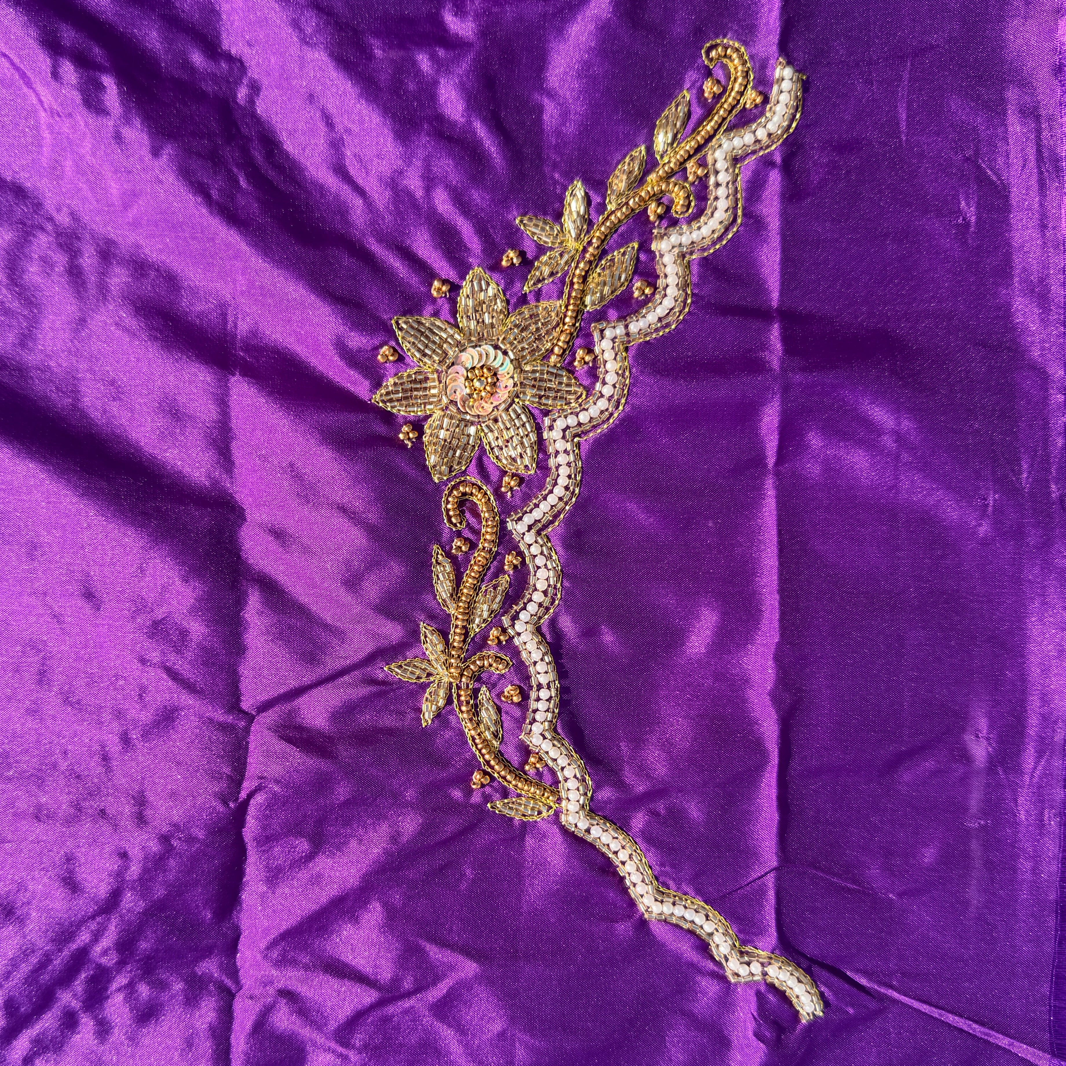 Purple colour Aari Work Blouse Fabric in Devi silk 1 metre with Cutdana Hand Embroidery | Designer Blouse Piece for Bridal & Festive Wear
