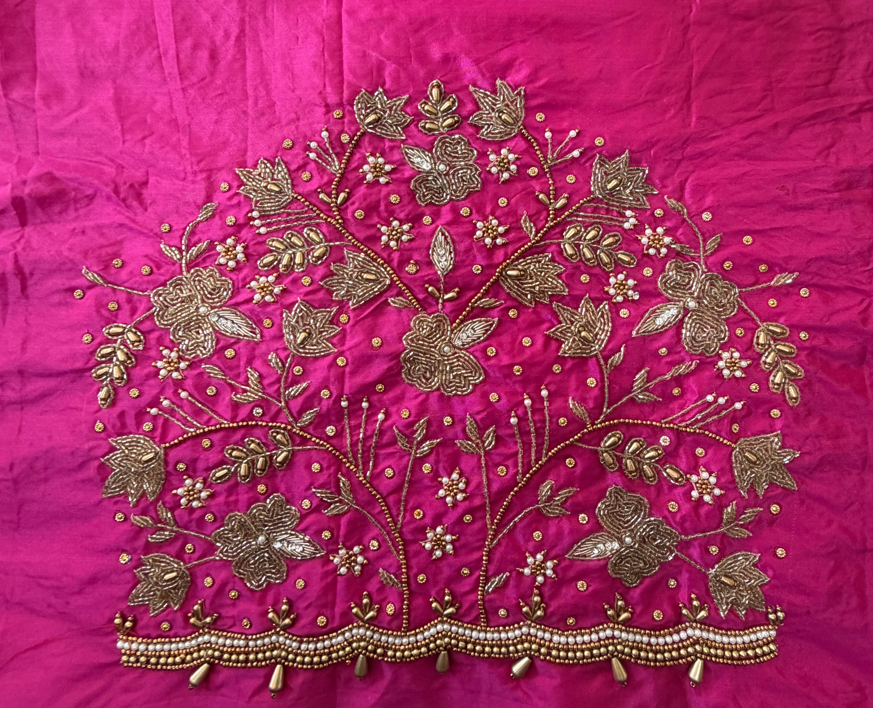 Rani pink Aari Work Blouse Fabric in Devi silk 1 metre with Cutdana Hand Embroidery | Designer Blouse Piece for Bridal & Festive Wear