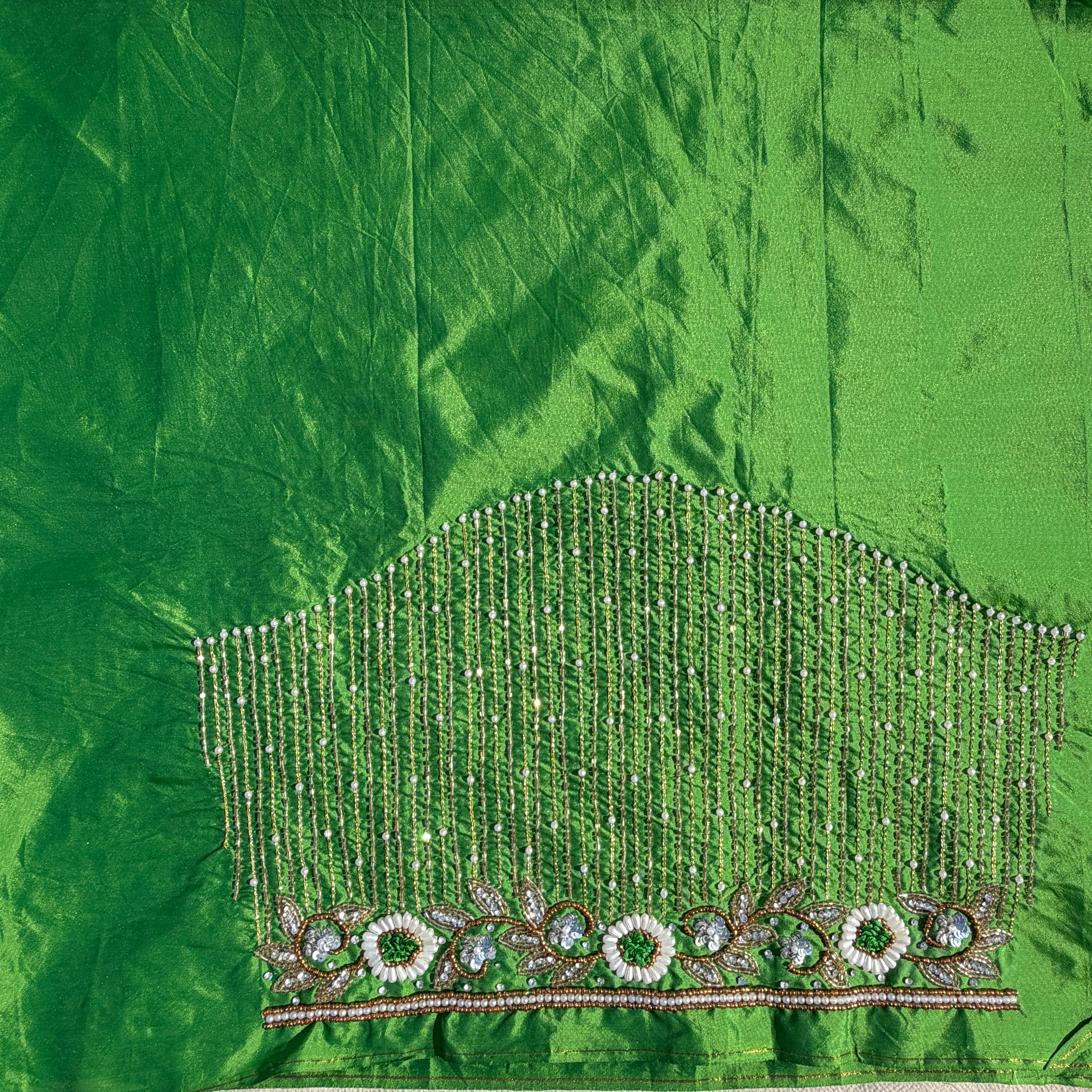 Parrot Green Aari Work Blouse Fabric in Devi silk 1 metre with Cutdana Hand Embroidery | Designer Blouse Piece for Bridal & Festive Wear
