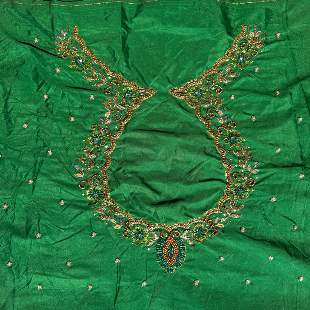 Leaf Green Aari Work Blouse Fabric in Devi silk 1 metre with Cutdana Hand Embroidery | Designer Blouse Piece for Bridal & Festive Wear