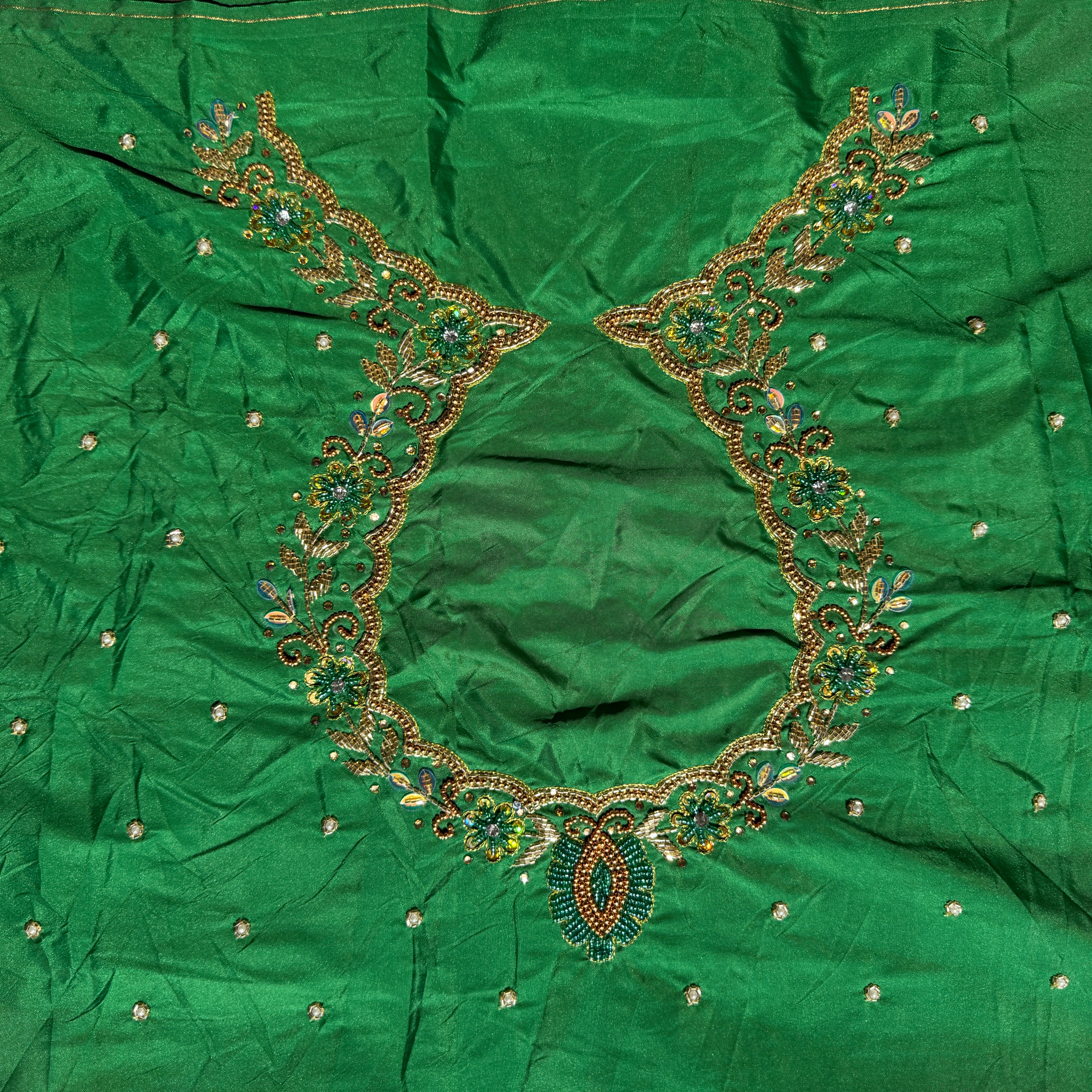 Leaf Green Aari Work Blouse Fabric in Devi silk 1 metre with Cutdana Hand Embroidery | Designer Blouse Piece for Bridal & Festive Wear