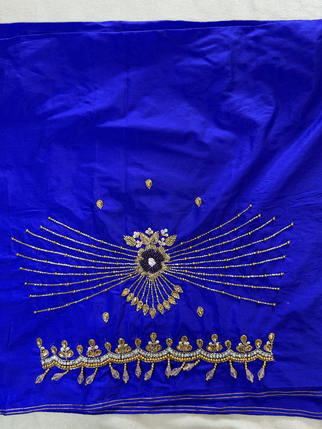 Royal Blue Aari Work Blouse Fabric in Devi silk 1 metre with Cutdana Hand Embroidery | Designer Blouse Piece for Bridal & Festive Wear