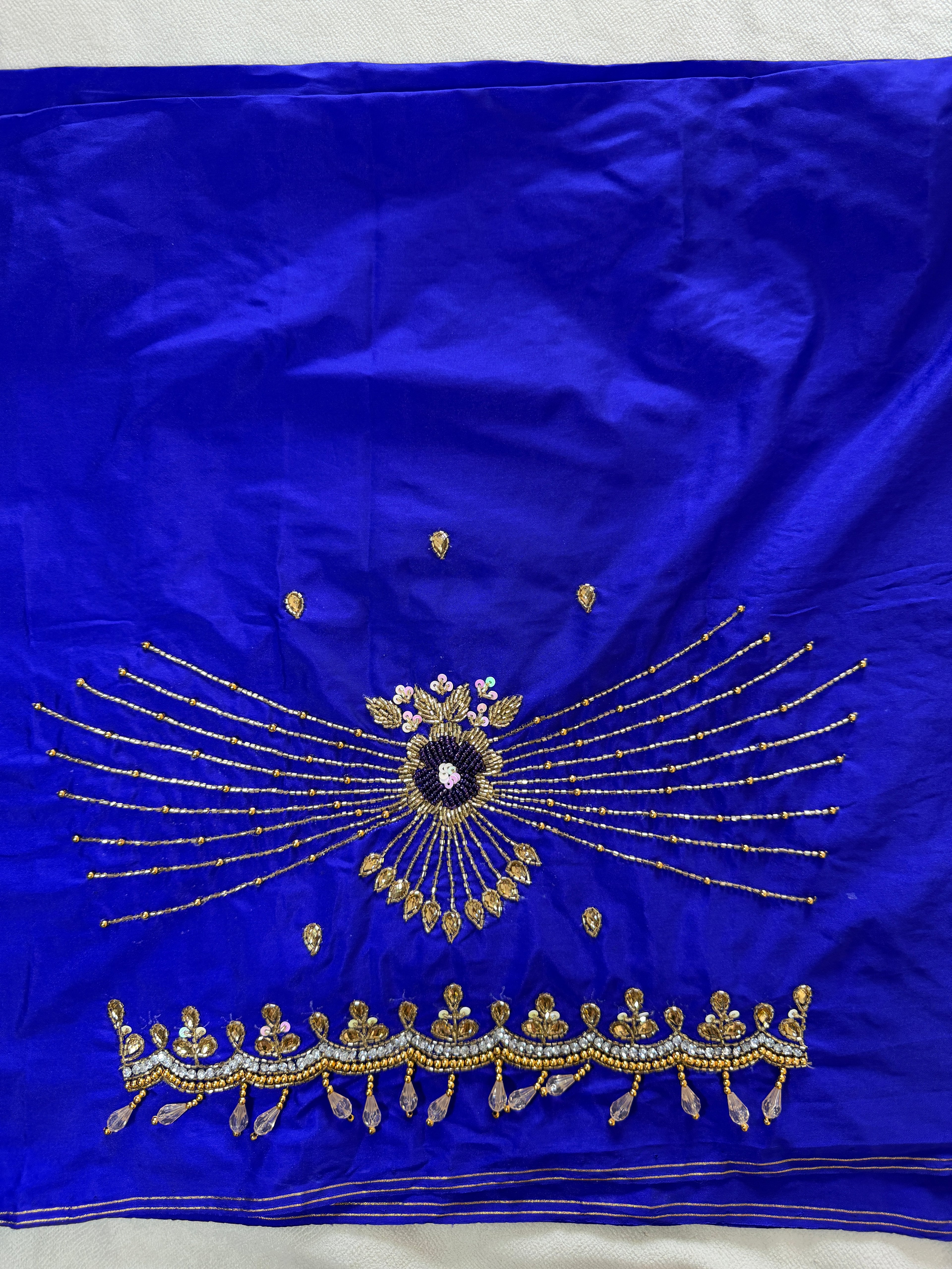 Royal Blue Aari Work Blouse Fabric in Devi silk 1 metre with Cutdana Hand Embroidery | Designer Blouse Piece for Bridal & Festive Wear