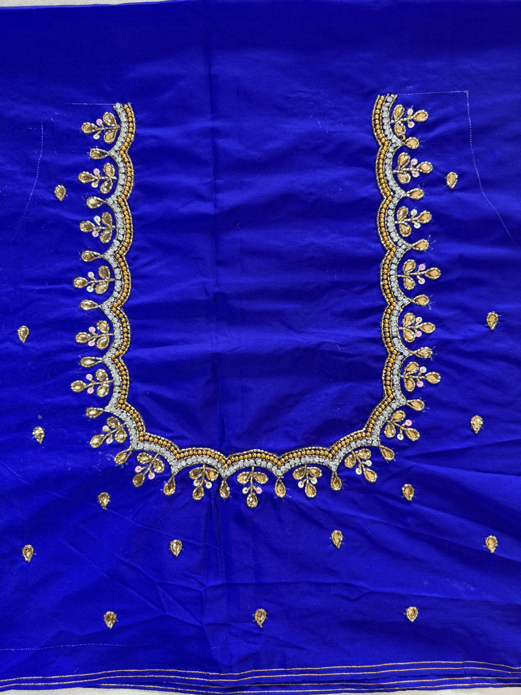 Royal Blue Aari Work Blouse Fabric in Devi silk 1 metre with Cutdana Hand Embroidery | Designer Blouse Piece for Bridal & Festive Wear