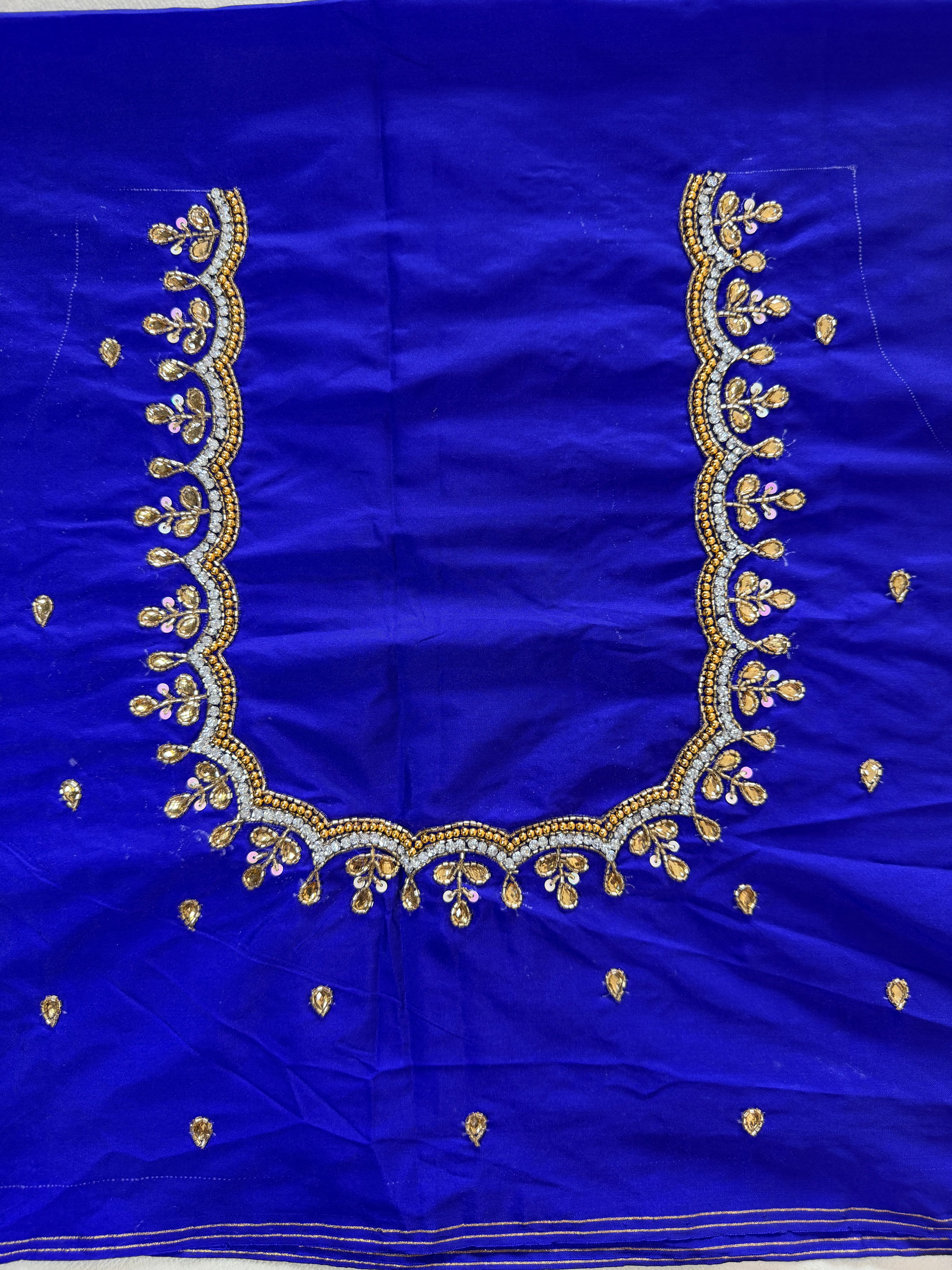 Royal Blue Aari Work Blouse Fabric in Devi silk 1 metre with Cutdana Hand Embroidery | Designer Blouse Piece for Bridal & Festive Wear