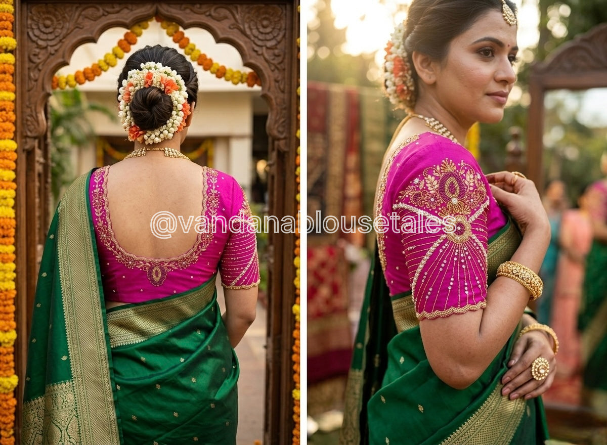 Royal Blue Aari Work Blouse Fabric in Devi silk 1 metre with Cutdana Hand Embroidery | Designer Blouse Piece for Bridal & Festive Wear