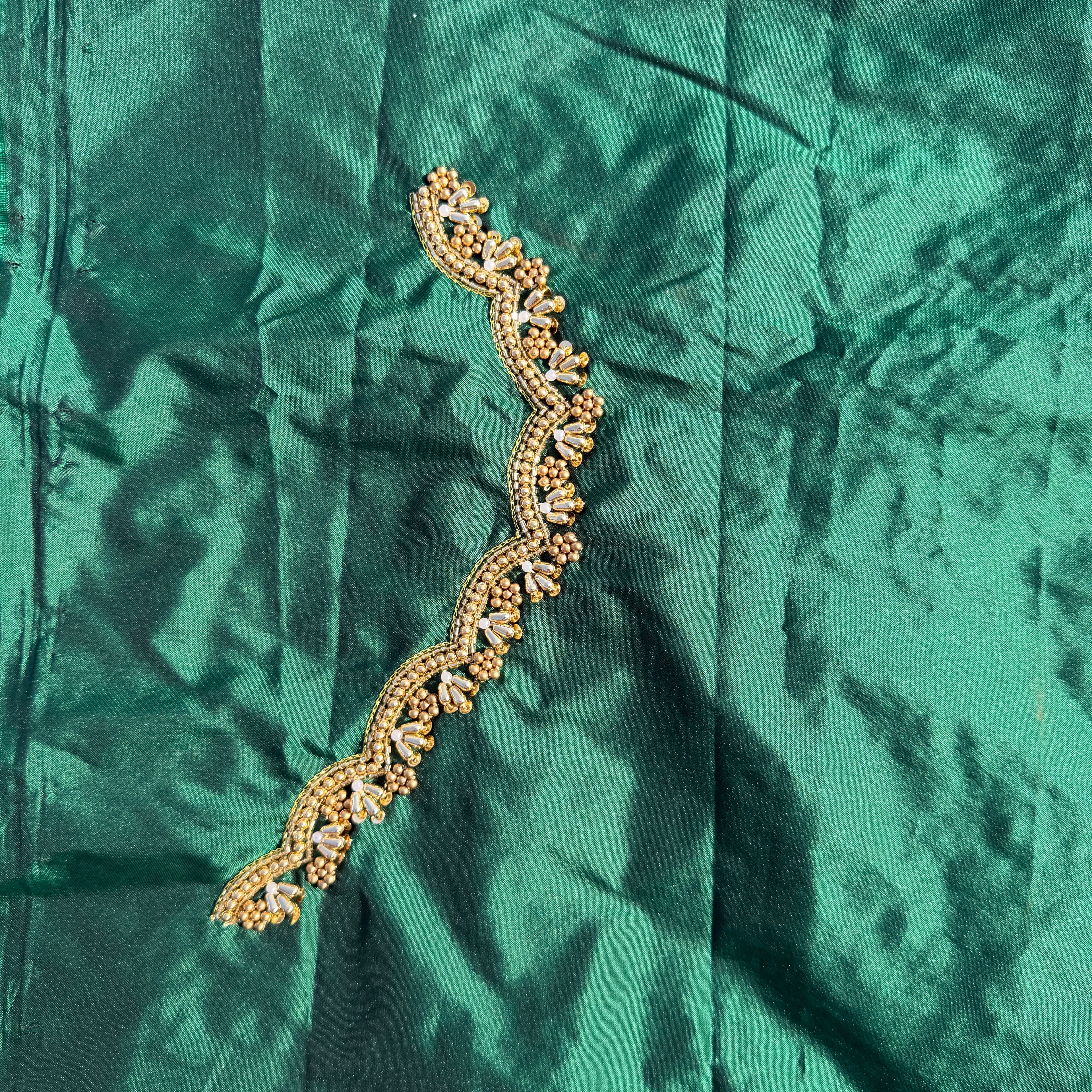 Bottle Green Aari Work Blouse Fabric in Devi silk 1 metre with Cutdana Hand Embroidery | Designer Blouse Piece for Bridal & Festive Wear