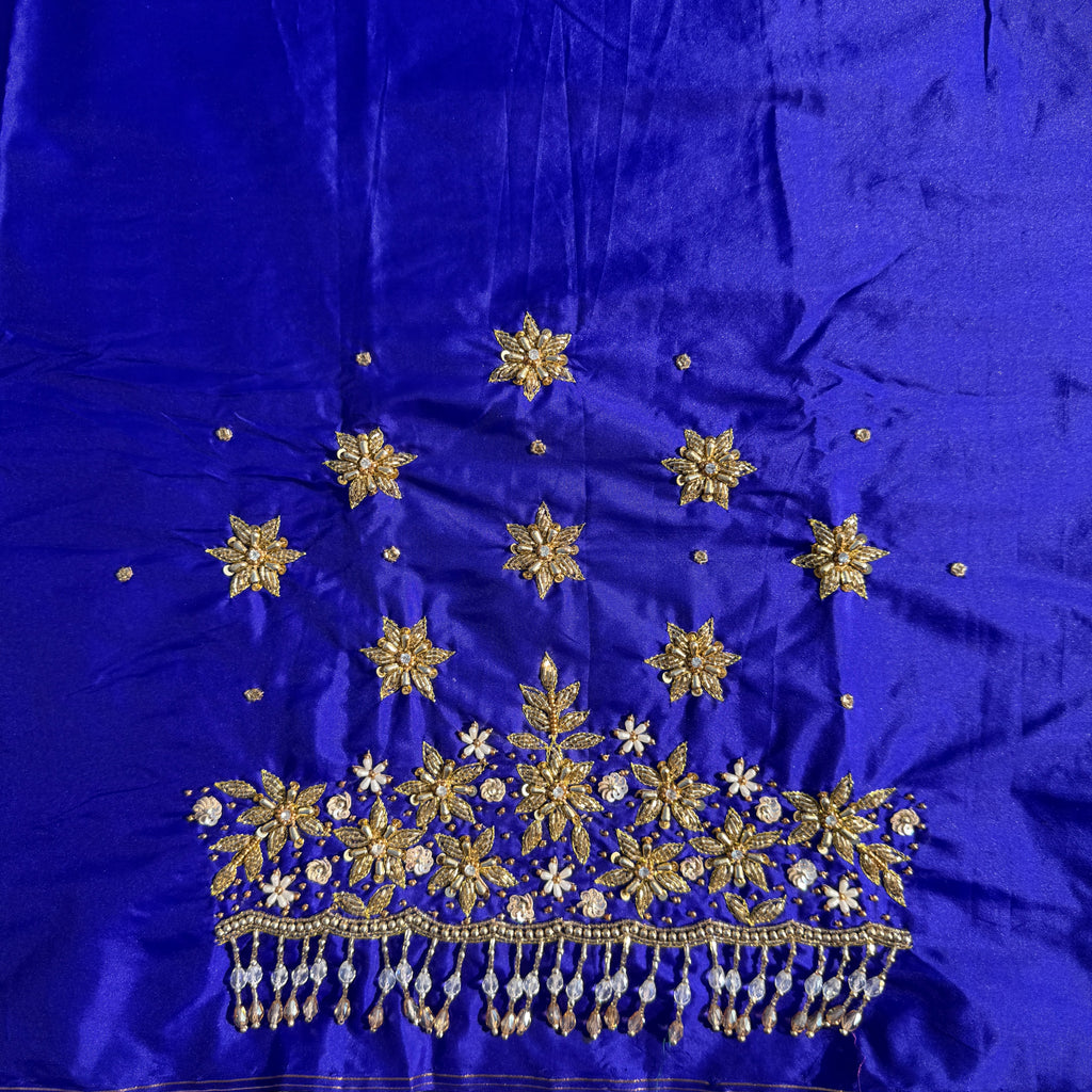 Royal Blue Aari Work Blouse Fabric in Devi silk 1 metre with Cutdana Hand Embroidery | Designer Blouse Piece for Bridal & Festive Wear
