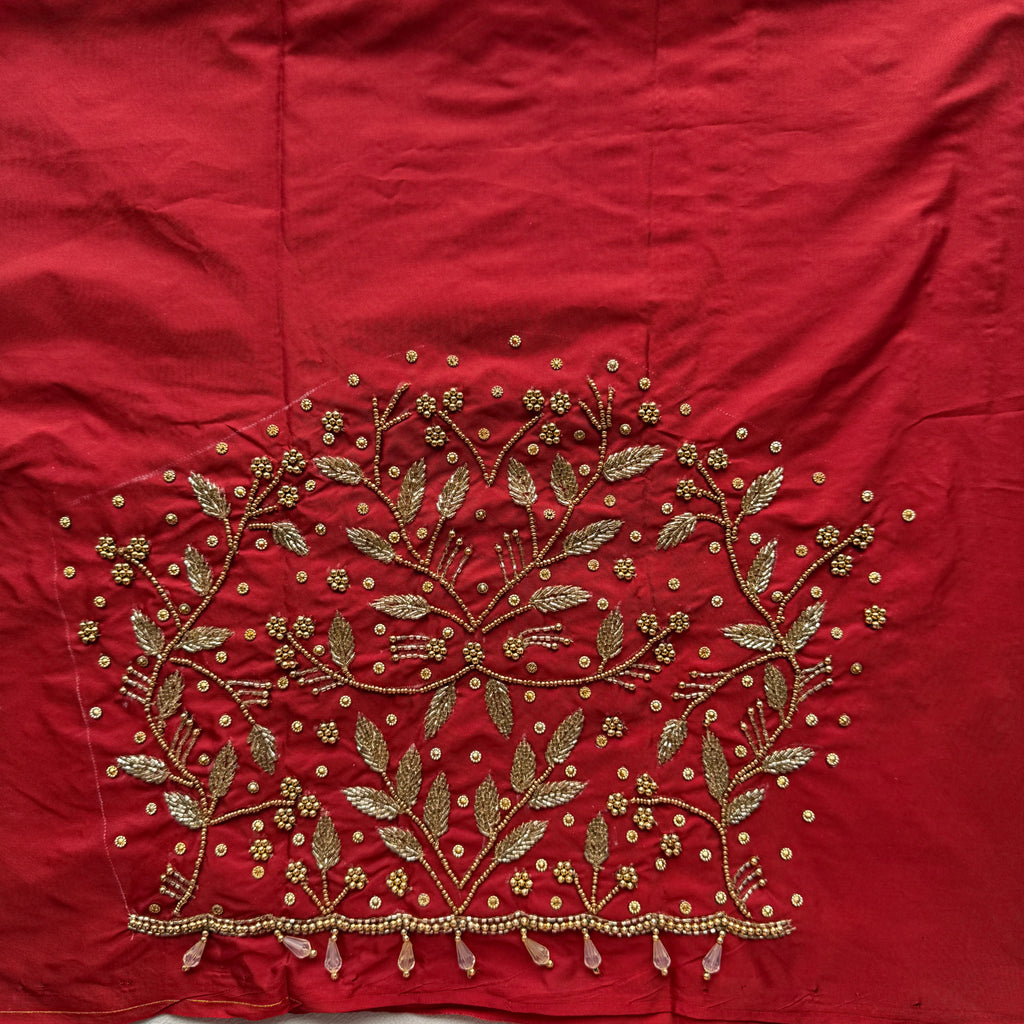 Maroon Aari Work Blouse Fabric in Devi silk 1 metre with Cutdana Hand Embroidery | Designer Blouse Piece for Bridal & Festive Wear