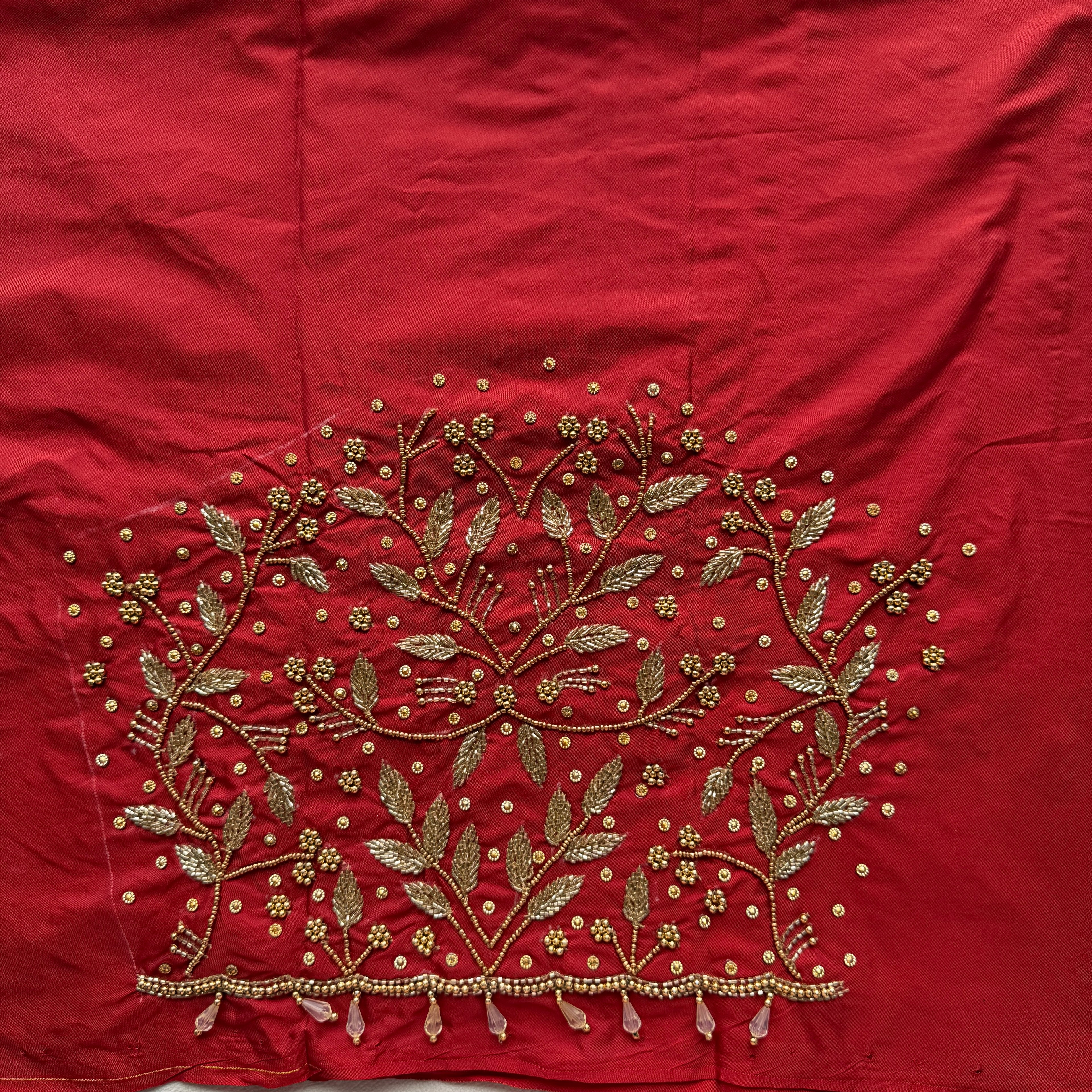 Maroon Aari Work Blouse Fabric in Devi silk 1 metre with Cutdana Hand Embroidery | Designer Blouse Piece for Bridal & Festive Wear