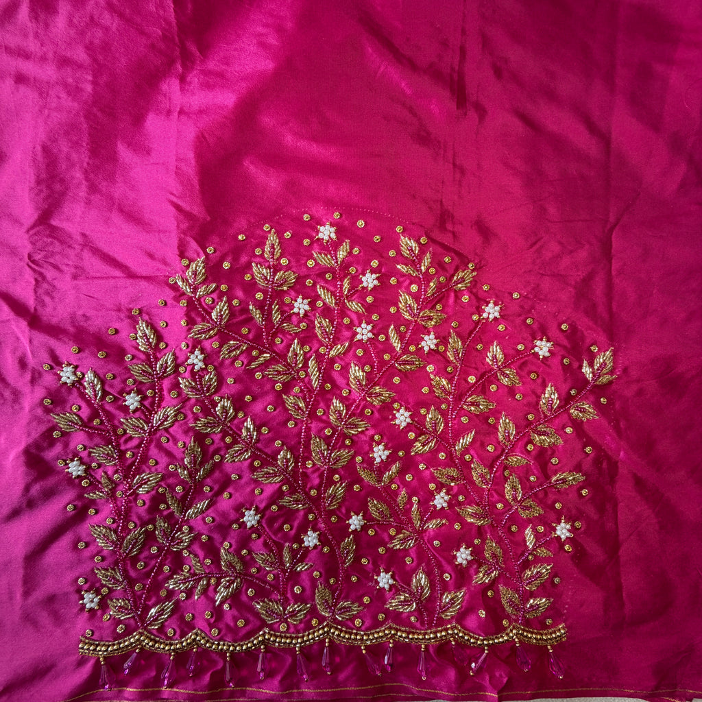 Rani pink Aari Work Blouse Fabric in Devi silk 1 metre with Cutdana Hand Embroidery | Designer Blouse Piece for Bridal & Festive Wear