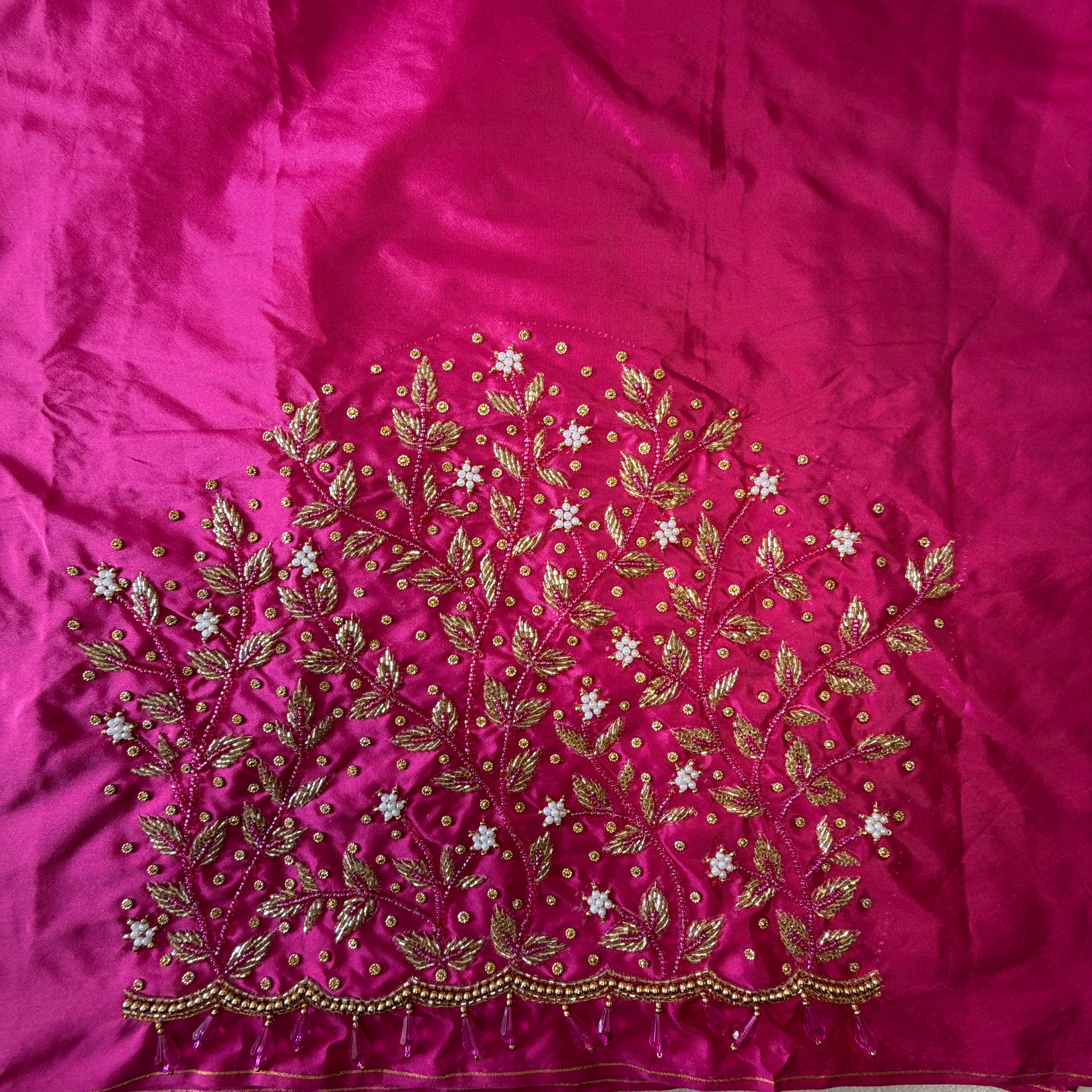 Rani pink Aari Work Blouse Fabric in Devi silk 1 metre with Cutdana Hand Embroidery | Designer Blouse Piece for Bridal & Festive Wear