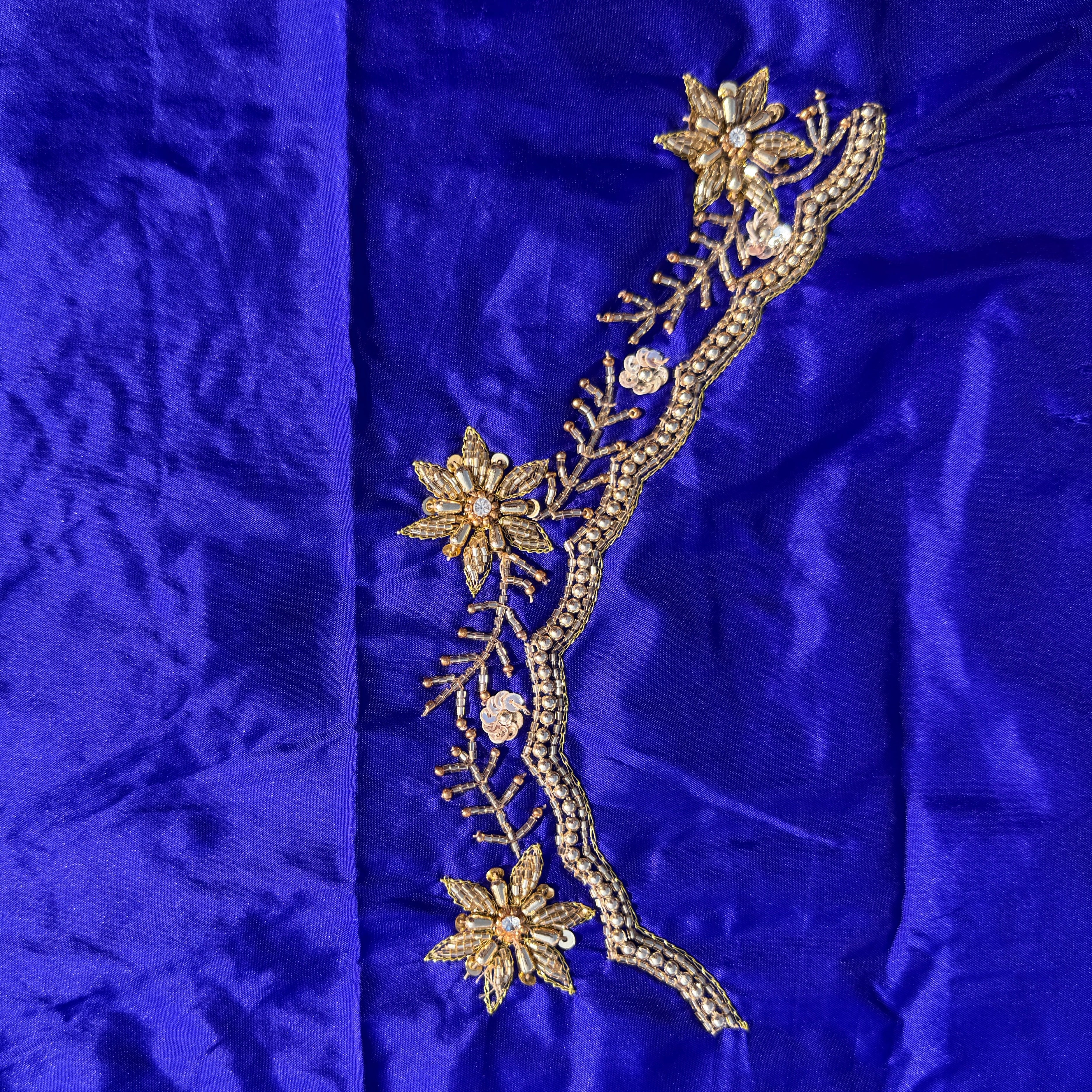 Royal Blue Aari Work Blouse Fabric in Devi silk 1 metre with Cutdana Hand Embroidery | Designer Blouse Piece for Bridal & Festive Wear