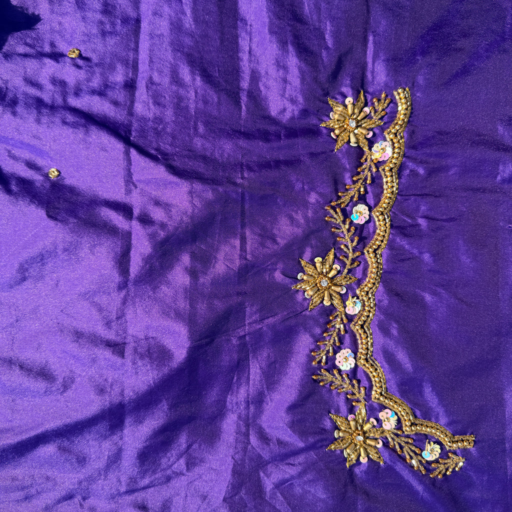 Royal Purple Aari Work Blouse Fabric in Devi silk 1 metre with Cutdana Hand Embroidery | Designer Blouse Piece for Bridal & Festive Wear
