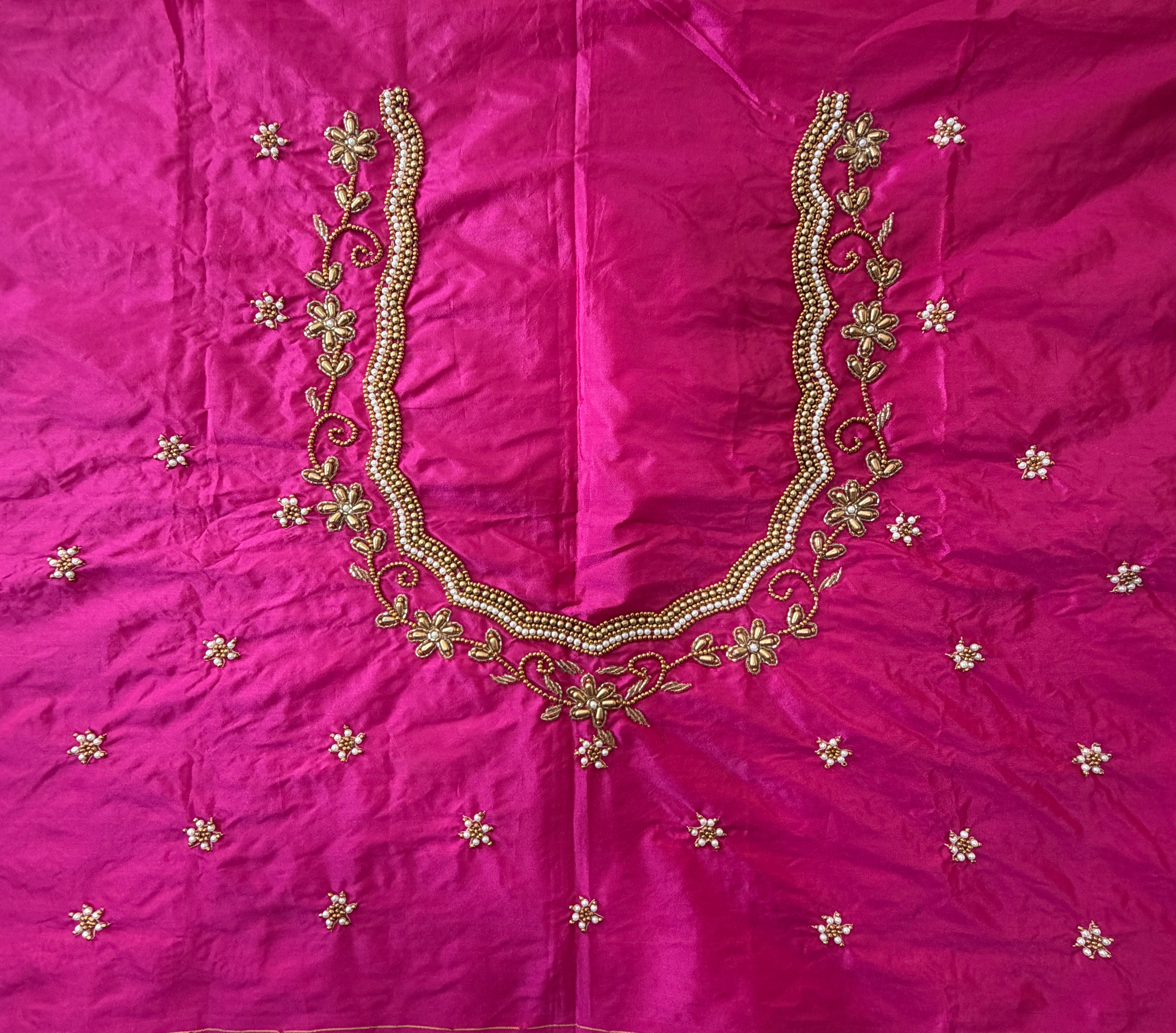 Rani pink Aari Work Blouse Fabric in Devi silk 1 metre with Cutdana Hand Embroidery | Designer Blouse Piece for Bridal & Festive Wear