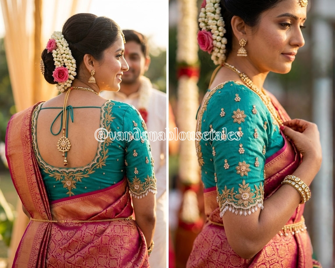 Purple colour Aari Work Blouse Fabric in Devi silk 1 metre with Cutdana Hand Embroidery | Designer Blouse Piece for Bridal & Festive Wear