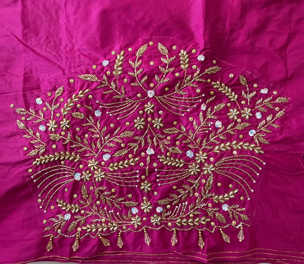 Rani pink Aari Work Blouse Fabric in Devi silk 1 - 1.10 metre with Cutdana Hand Embroidery | Designer Blouse Piece for Bridal & Festive Wear