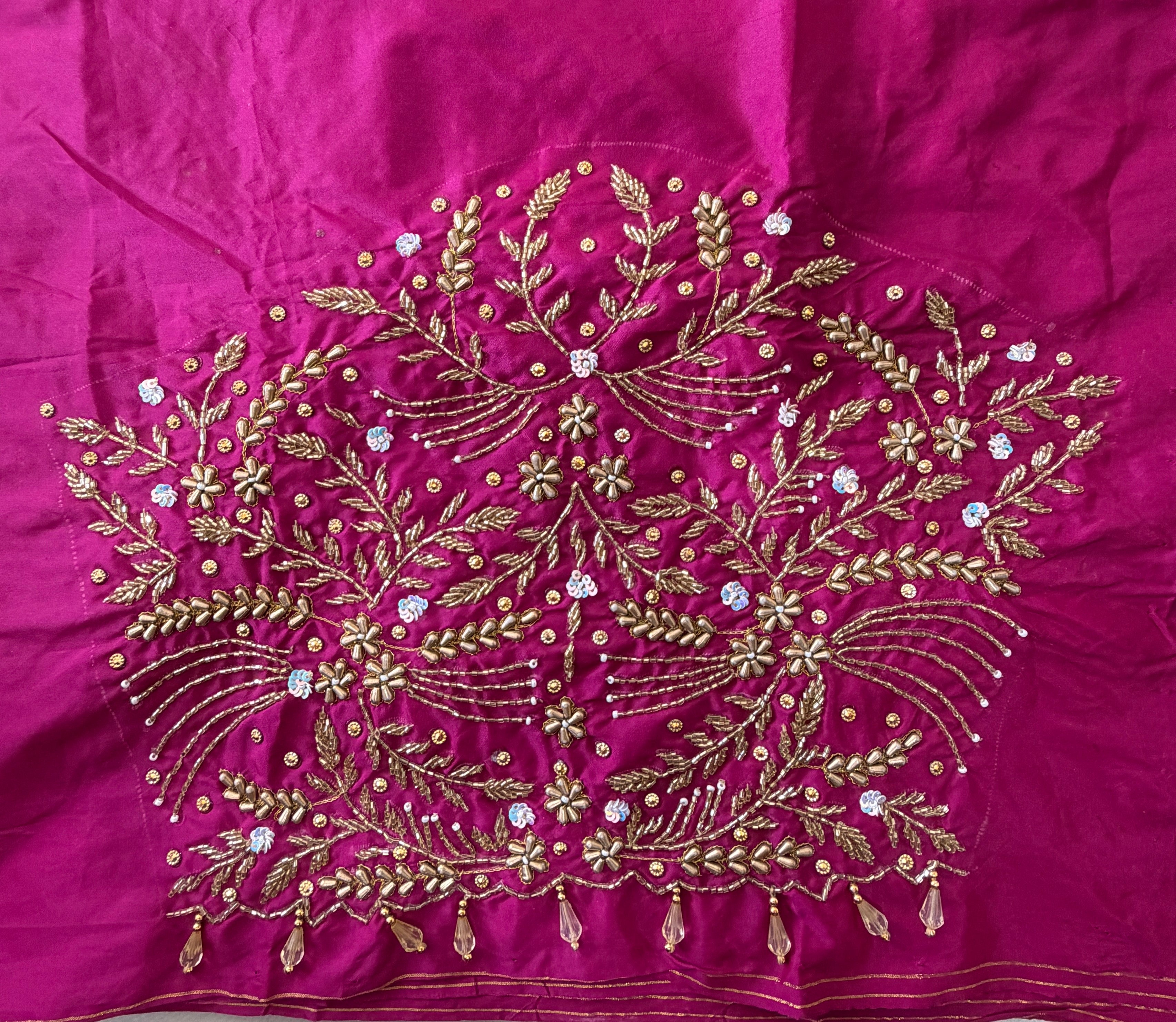 Rani pink Aari Work Blouse Fabric in Devi silk 1 - 1.10 metre with Cutdana Hand Embroidery | Designer Blouse Piece for Bridal & Festive Wear