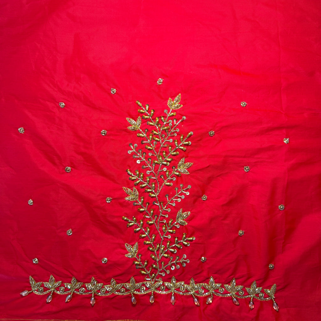 Red Aari Work Blouse Fabric in Devi silk 1.10 metre with Cutdana Hand Embroidery | Designer Blouse Piece for Bridal & Festive Wear