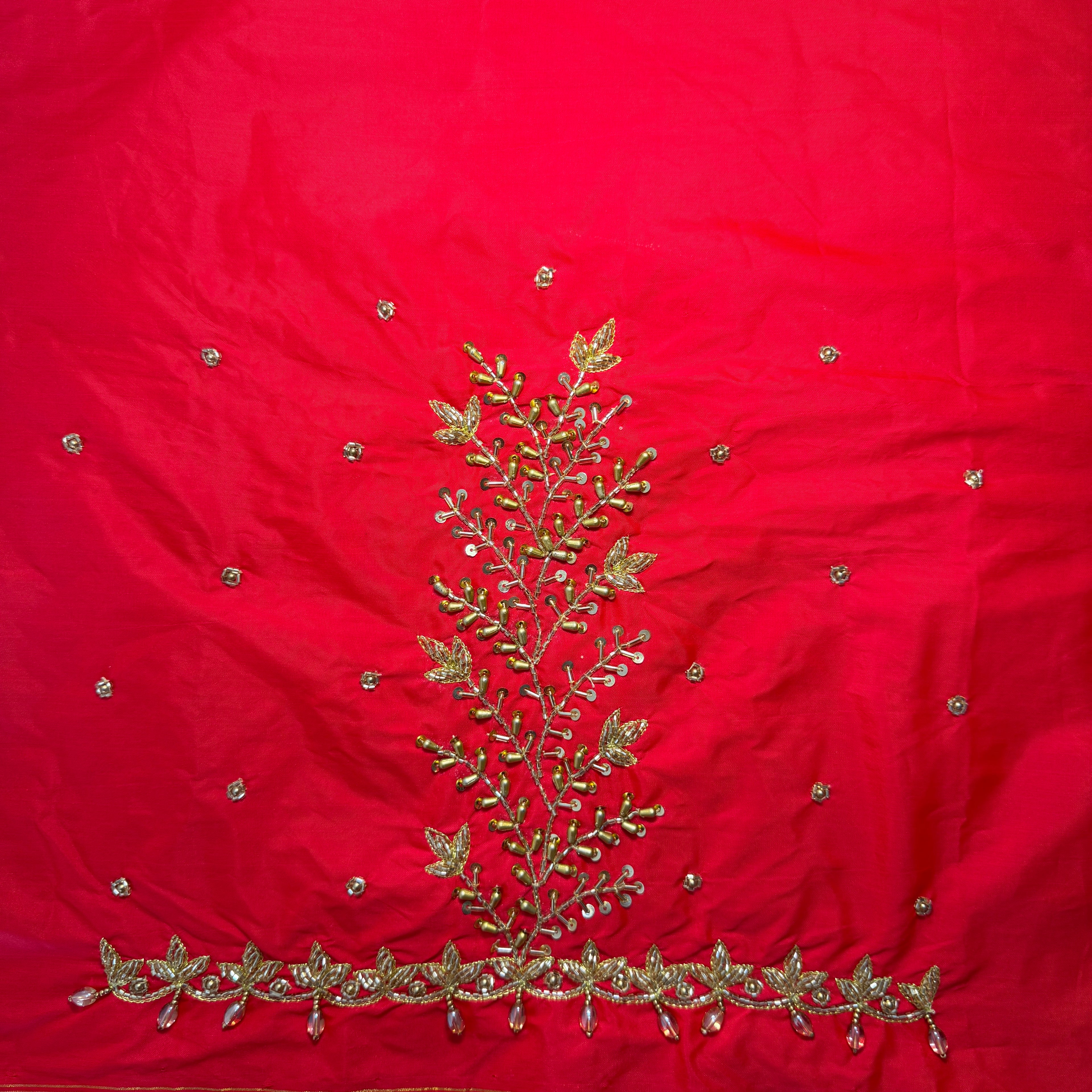 Red Aari Work Blouse Fabric in Devi silk 1.10 metre with Cutdana Hand Embroidery | Designer Blouse Piece for Bridal & Festive Wear