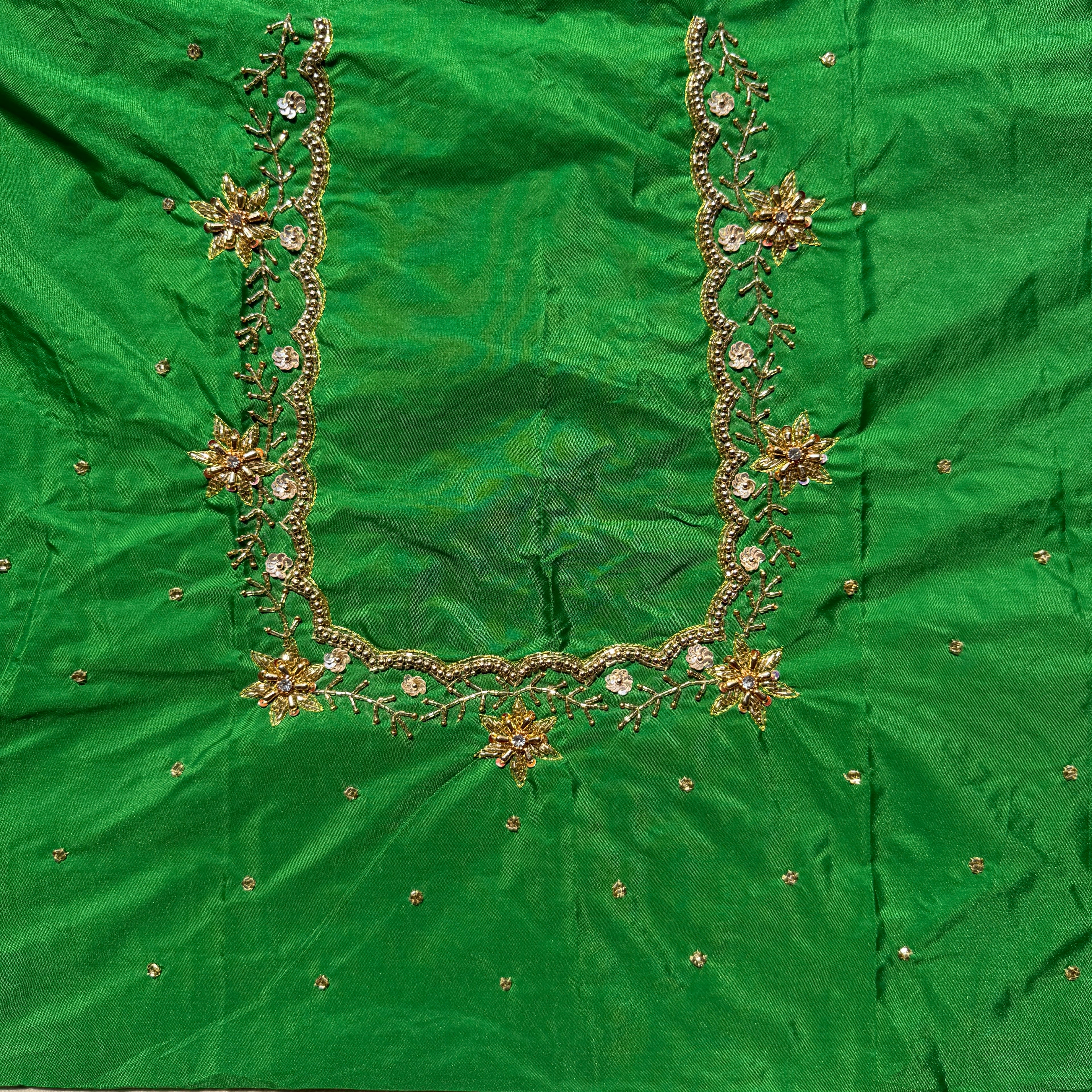 Leaf Green Aari Work Blouse Fabric in Devi silk 1 metre with Cutdana Hand Embroidery | Designer Blouse Piece for Bridal & Festive Wear