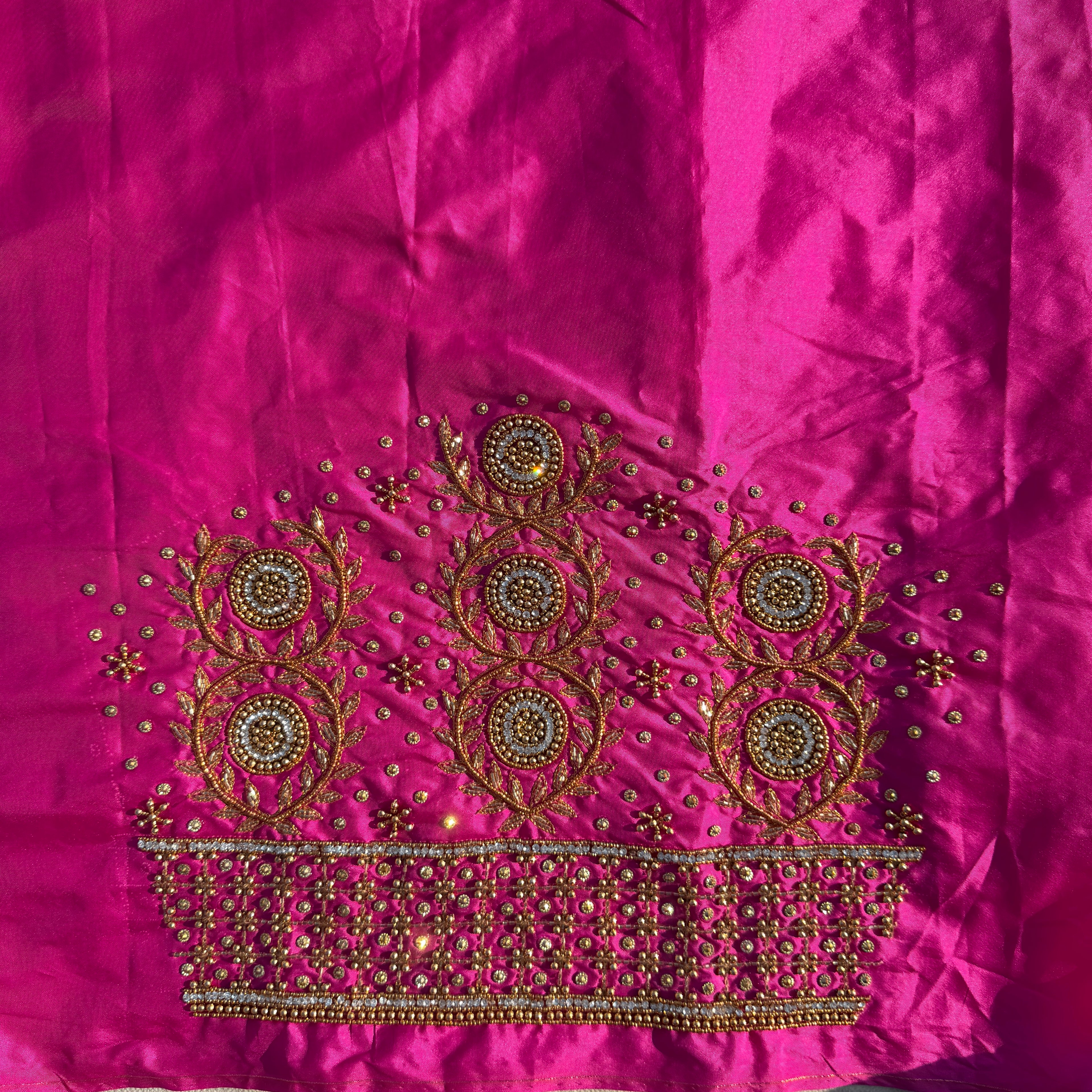 Bright Magenta pink Aari Work Blouse Fabric in Devi silk 1 metre with Cutdana Hand Embroidery | Designer Blouse Piece for Bridal & Festive Wear