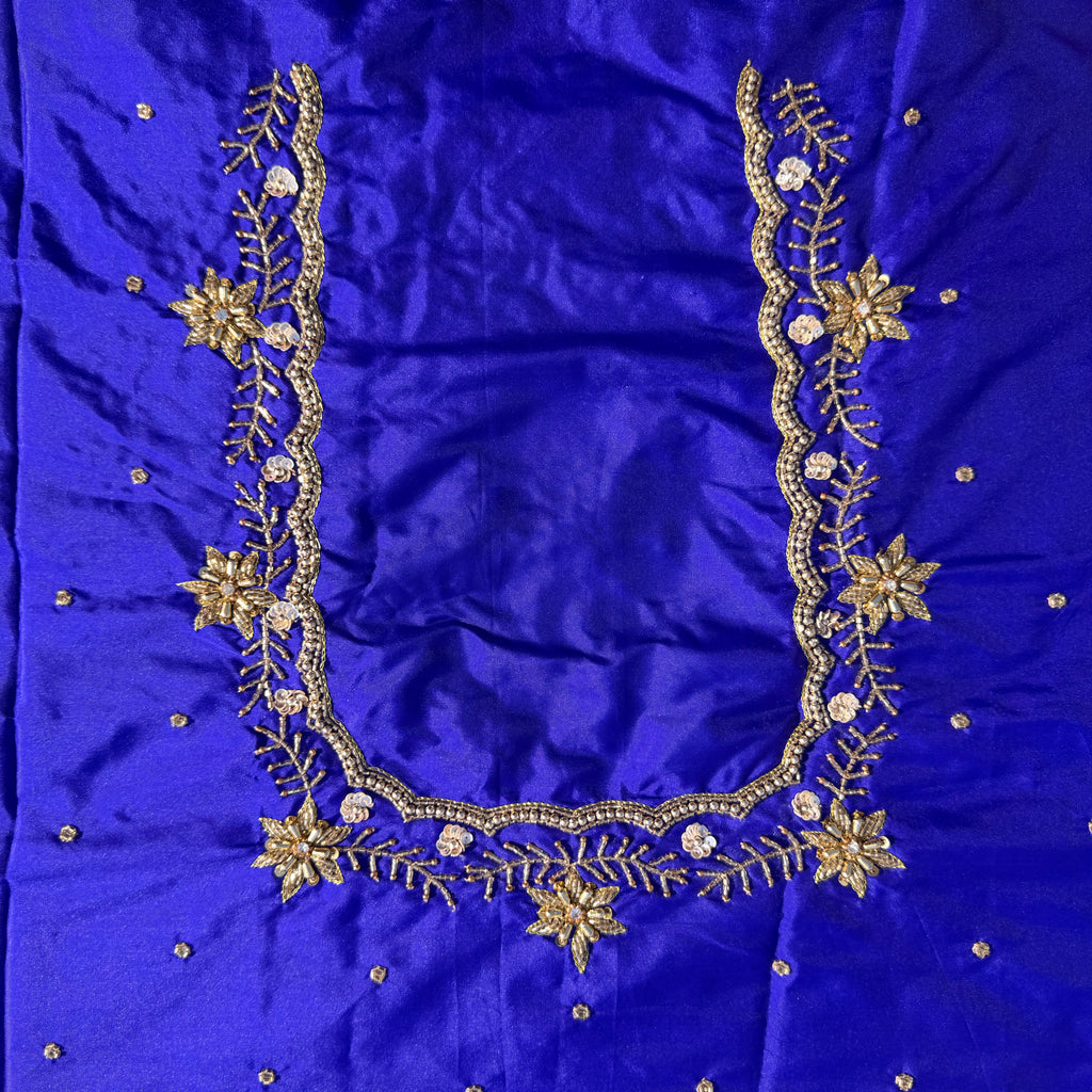 Royal Blue Aari Work Blouse Fabric in Devi silk 1 metre with Cutdana Hand Embroidery | Designer Blouse Piece for Bridal & Festive Wear