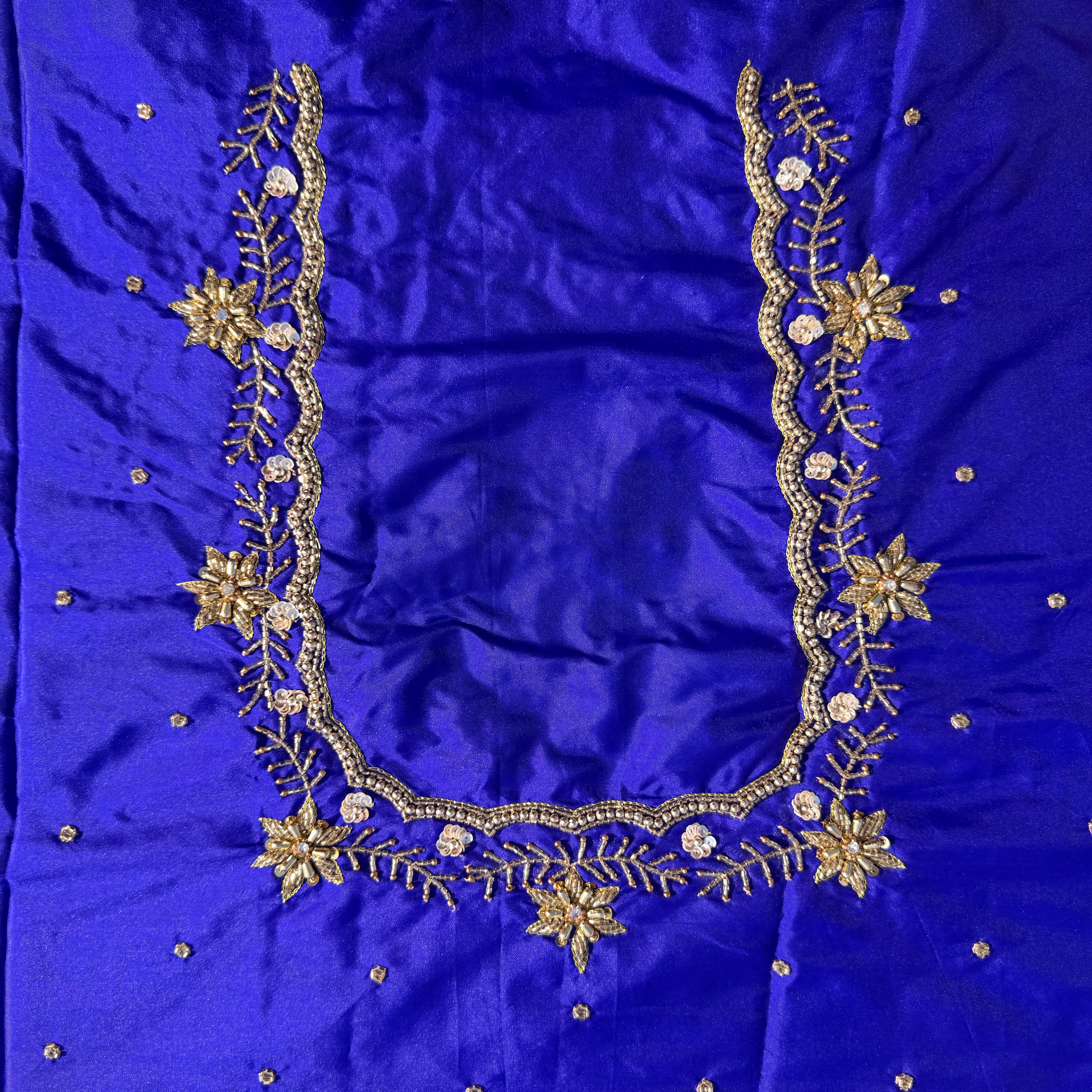 Royal Blue Aari Work Blouse Fabric in Devi silk 1 metre with Cutdana Hand Embroidery | Designer Blouse Piece for Bridal & Festive Wear