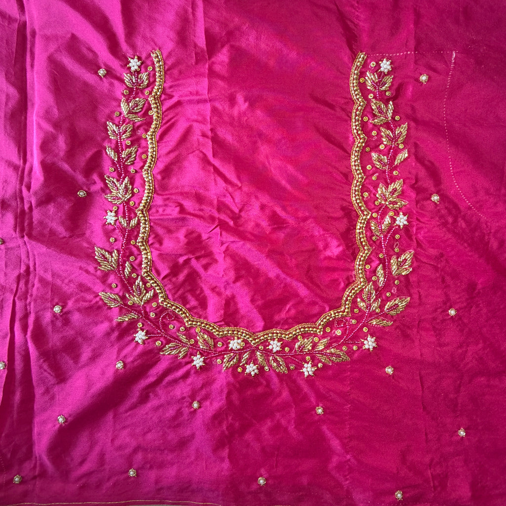Rani pink Aari Work Blouse Fabric in Devi silk 1 metre with Cutdana Hand Embroidery | Designer Blouse Piece for Bridal & Festive Wear