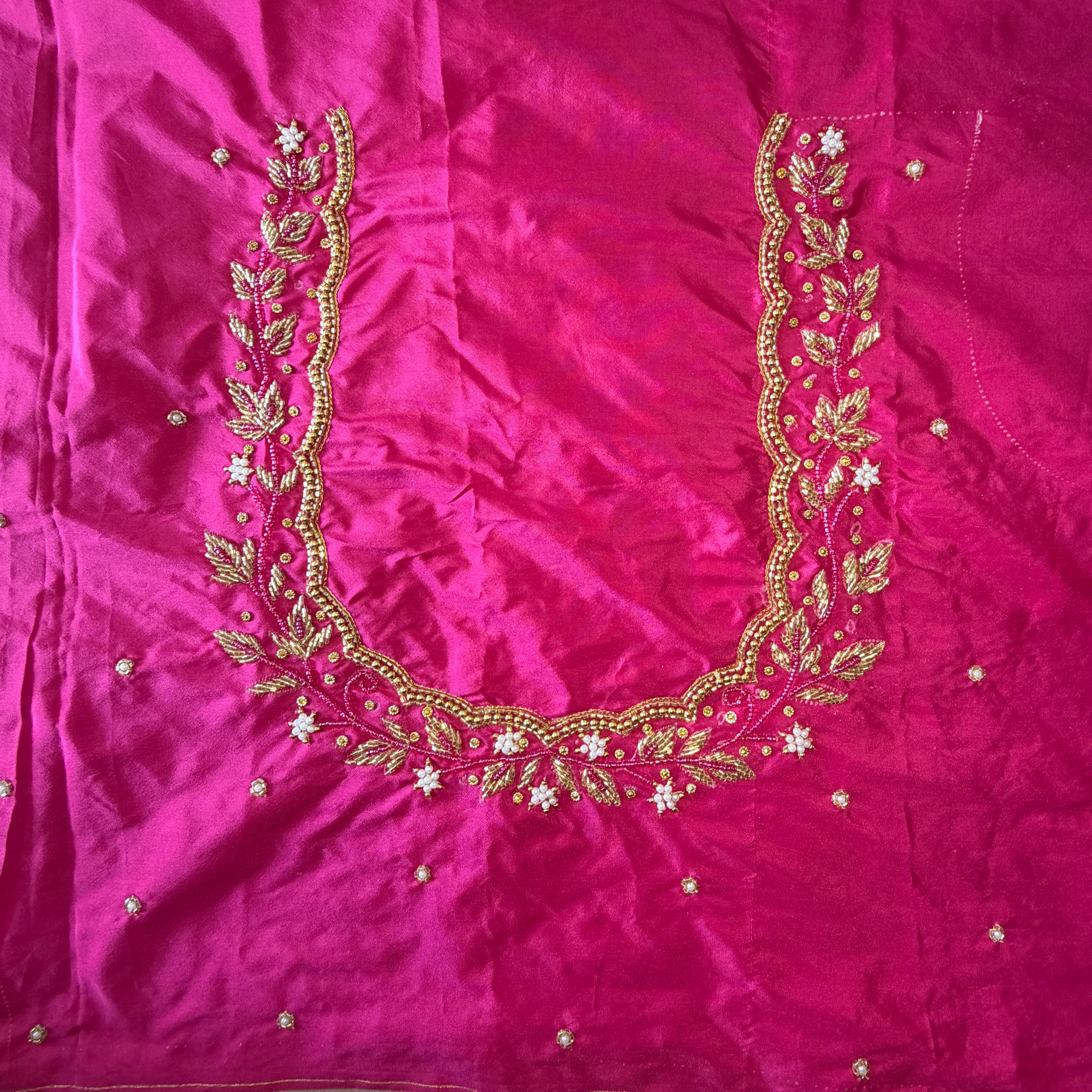 Rani pink Aari Work Blouse Fabric in Devi silk 1 metre with Cutdana Hand Embroidery | Designer Blouse Piece for Bridal & Festive Wear