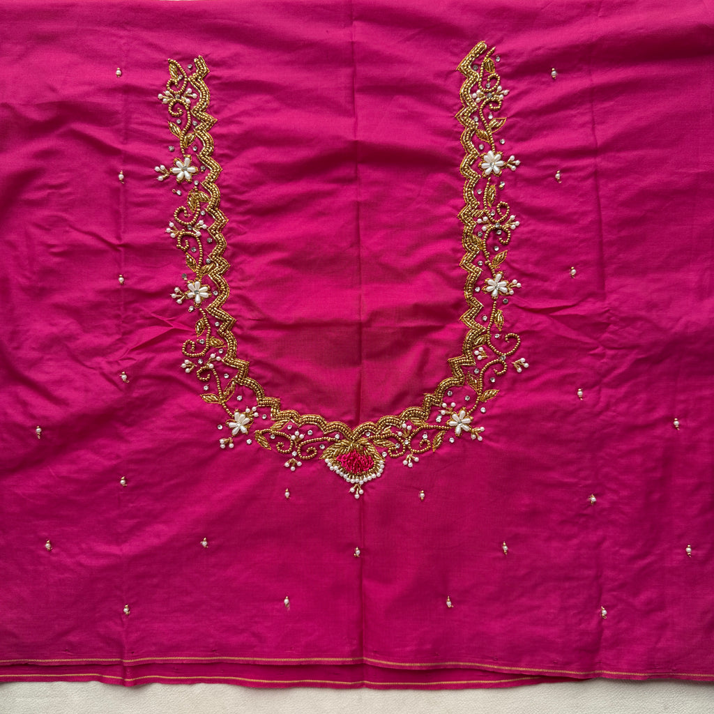 Rani pink Aari Work Blouse Fabric in Devi silk 1 metre with Cutdana Hand Embroidery | Designer Blouse Piece for Bridal & Festive Wear