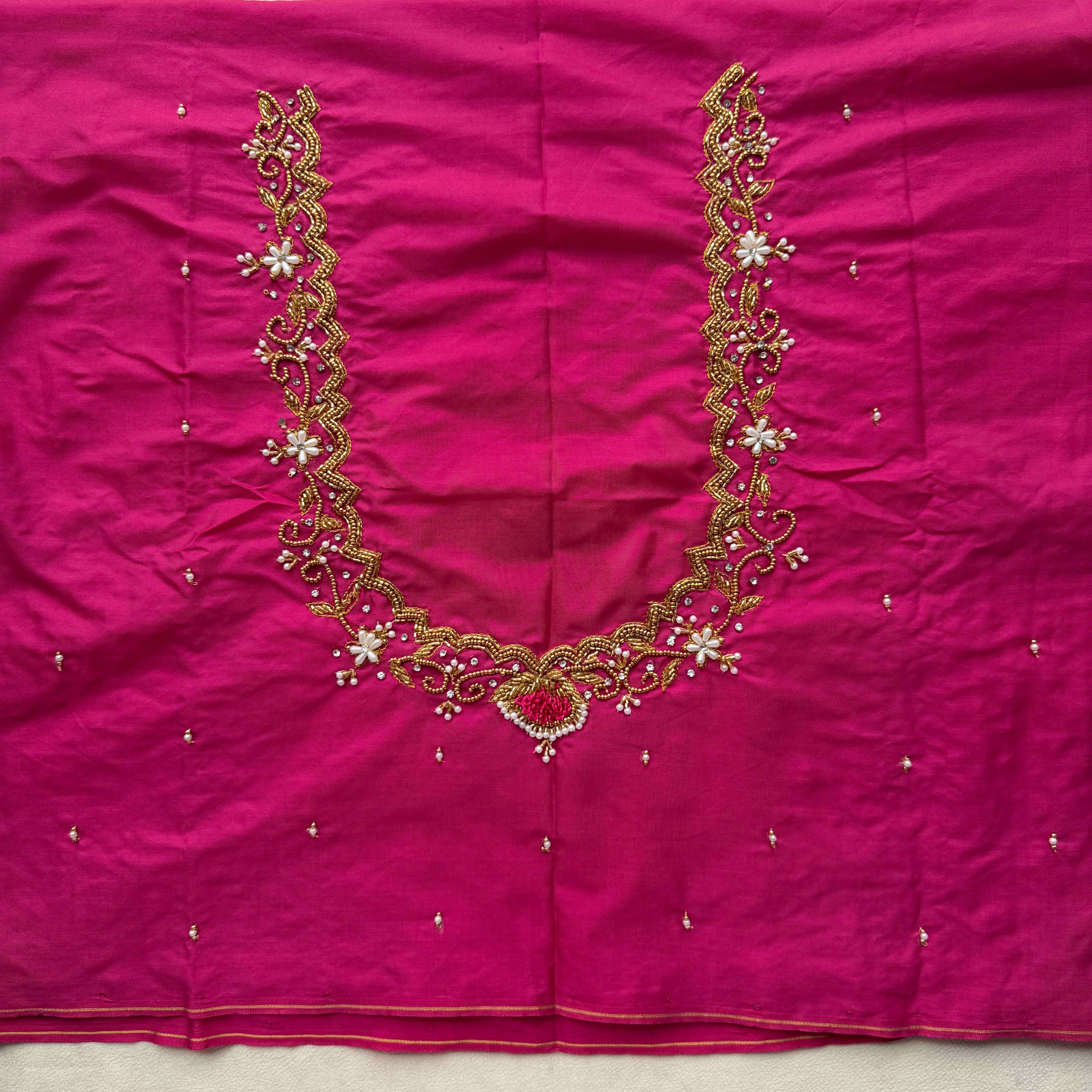 Rani pink Aari Work Blouse Fabric in Devi silk 1 metre with Cutdana Hand Embroidery | Designer Blouse Piece for Bridal & Festive Wear