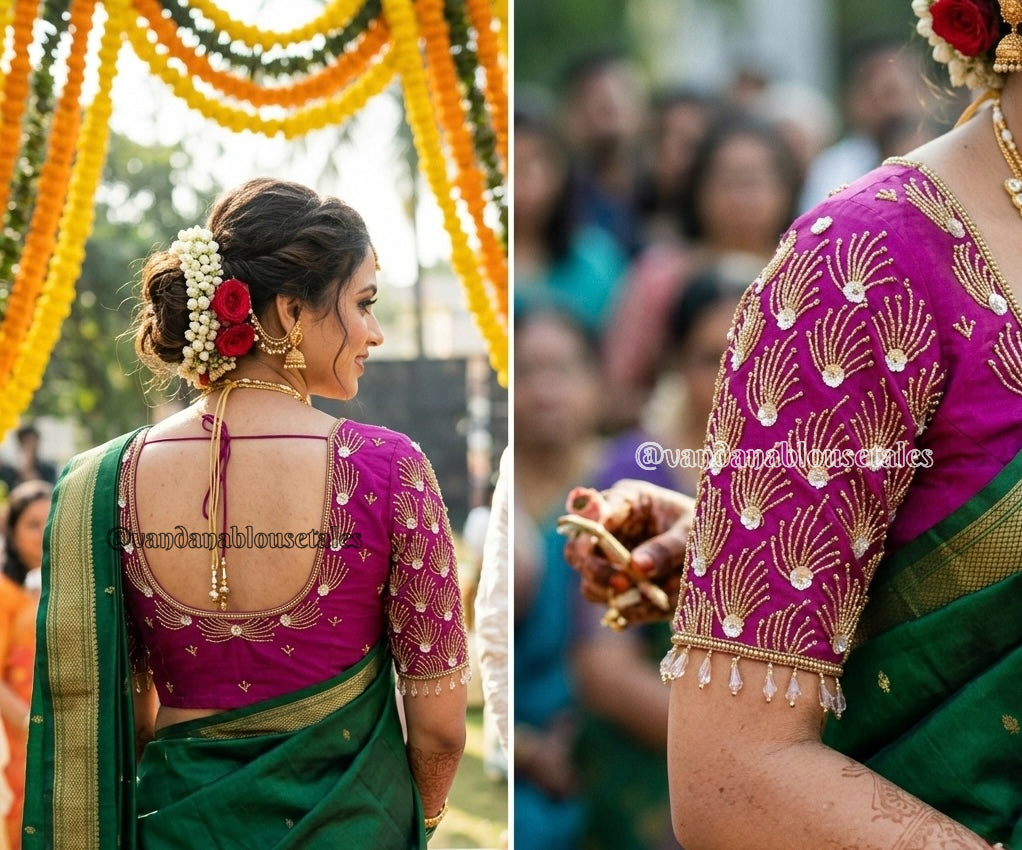 Bottle Green Aari Work Blouse Fabric in Devi silk 1 metre with Cutdana Hand Embroidery | Designer Blouse Piece for Bridal & Festive Wear