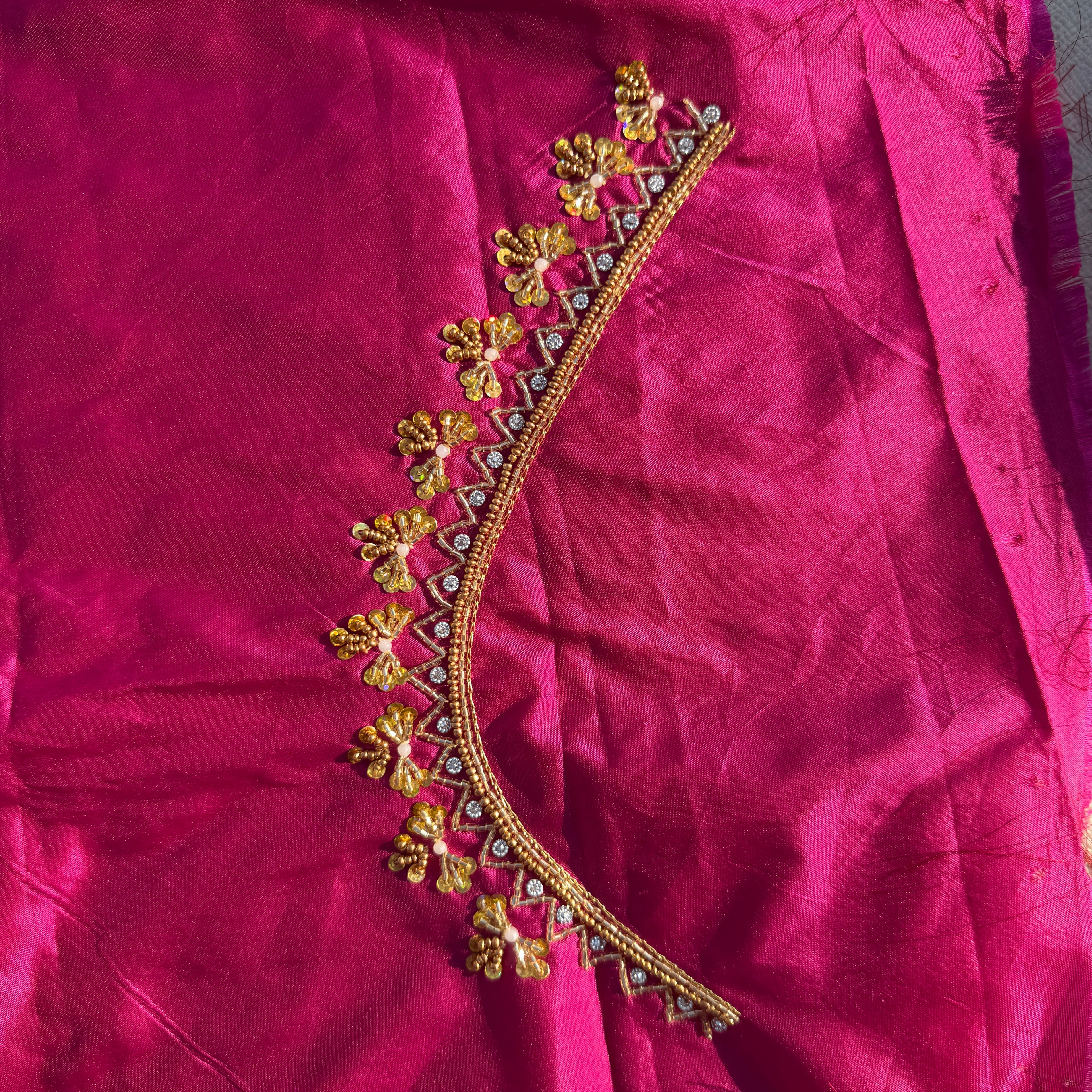 Rani pink Aari Work Blouse Fabric in Devi silk 1 metre with Cutdana Hand Embroidery | Designer Blouse Piece for Bridal & Festive Wear