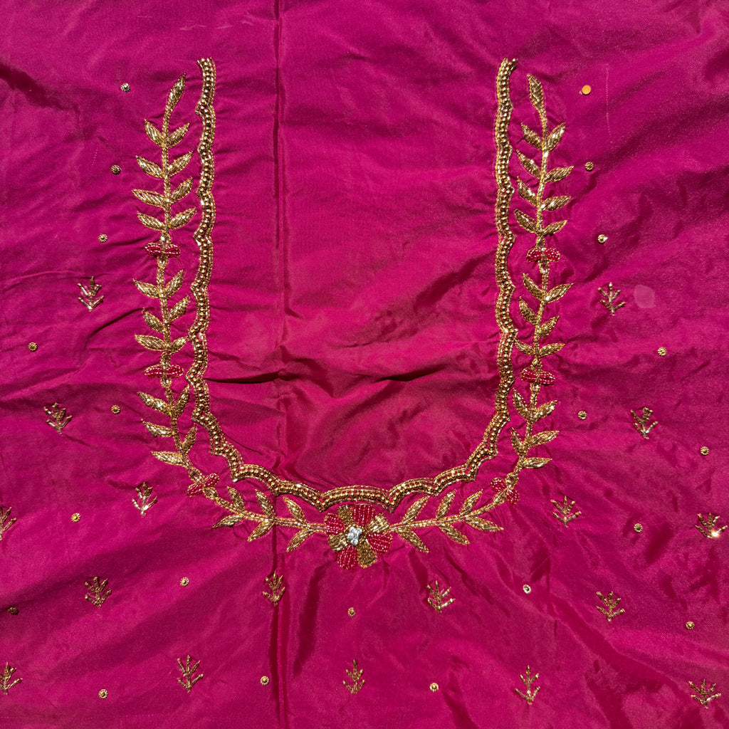 Rani pink Aari Work Blouse Fabric in Devi silk 1 metre with Cutdana Hand Embroidery | Designer Blouse Piece for Bridal & Festive Wear