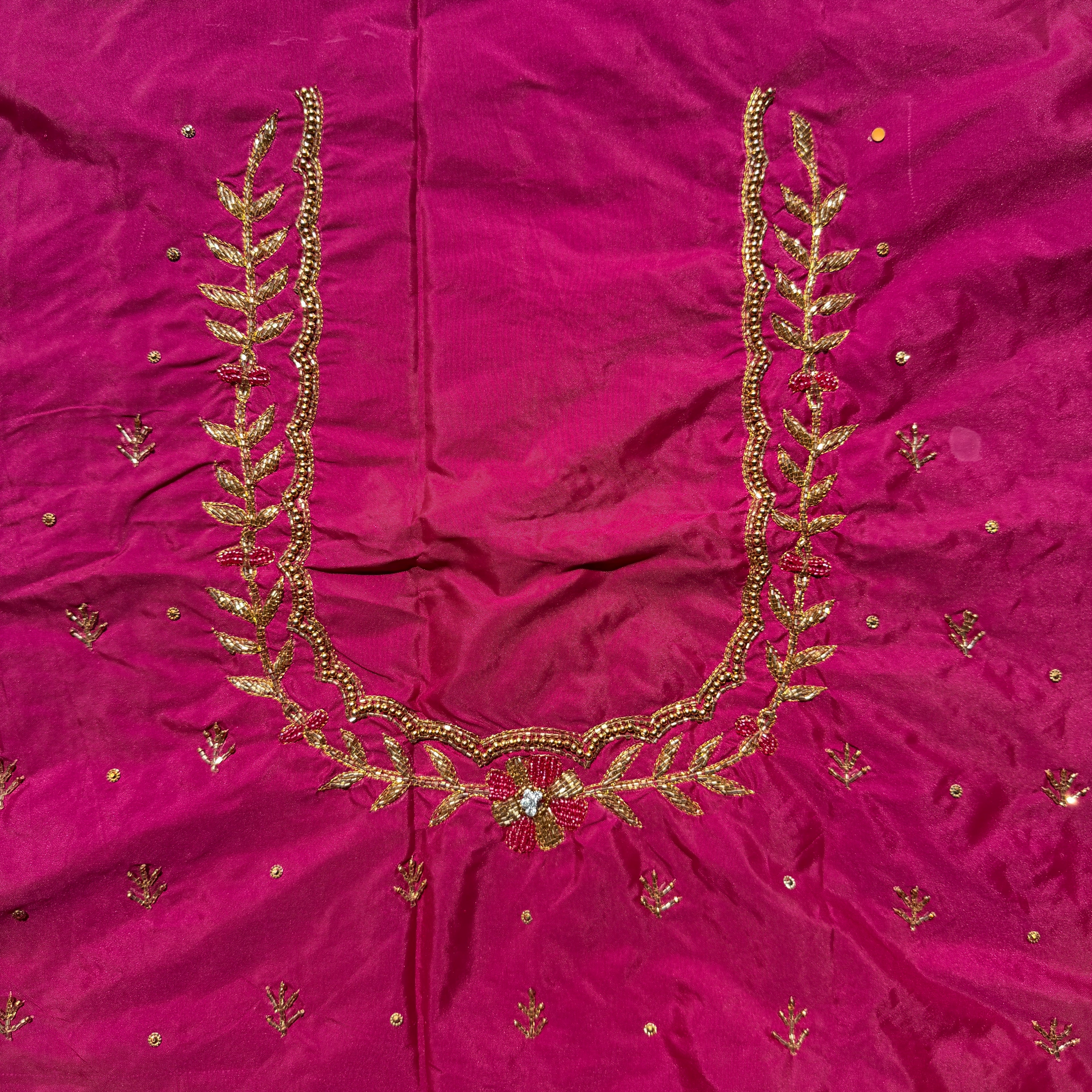 Rani pink Aari Work Blouse Fabric in Devi silk 1 metre with Cutdana Hand Embroidery | Designer Blouse Piece for Bridal & Festive Wear