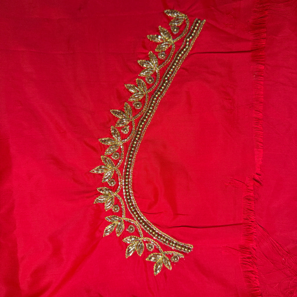 Red Aari Work Blouse Fabric in Devi silk 1.10 metre with Cutdana Hand Embroidery | Designer Blouse Piece for Bridal & Festive Wear