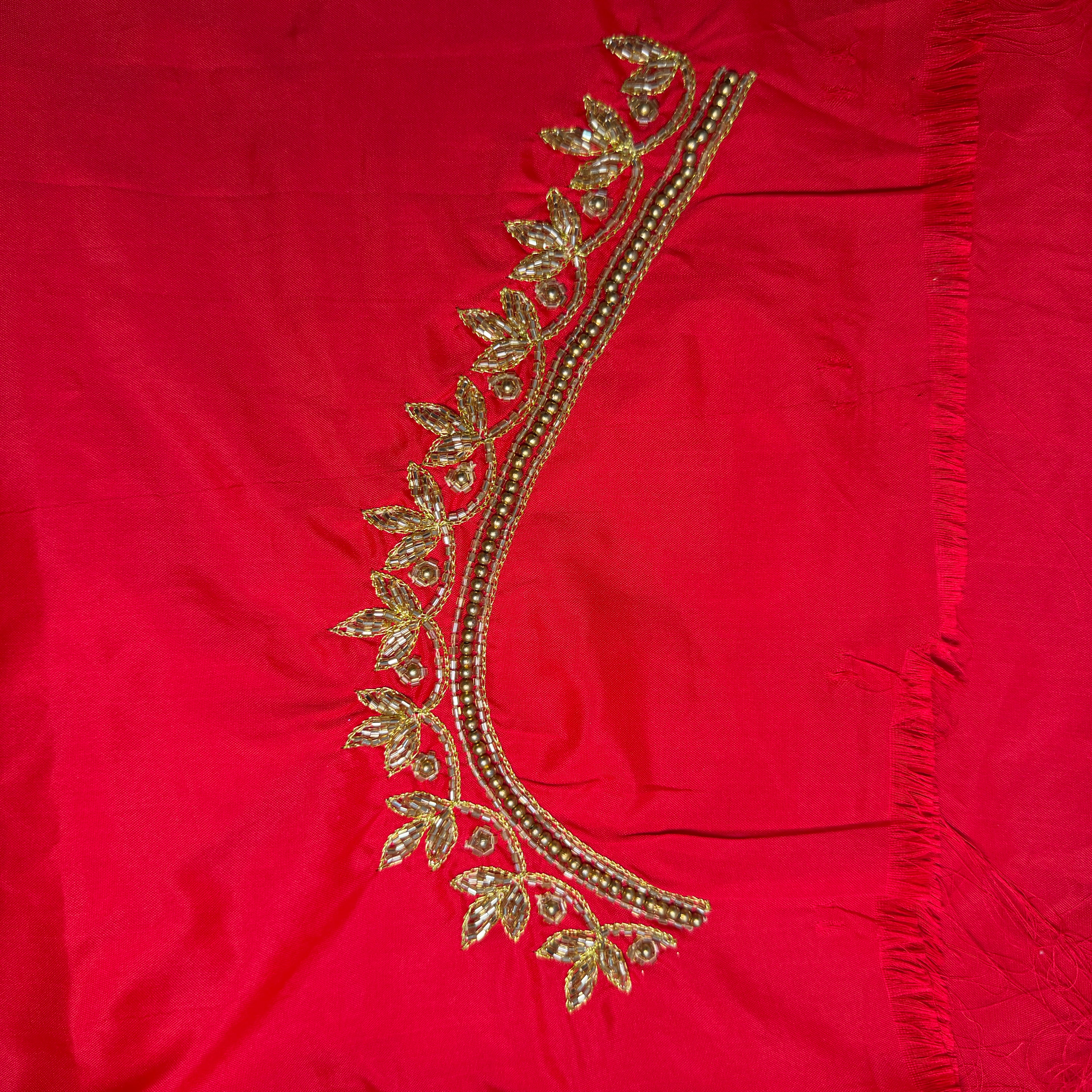 Red Aari Work Blouse Fabric in Devi silk 1.10 metre with Cutdana Hand Embroidery | Designer Blouse Piece for Bridal & Festive Wear