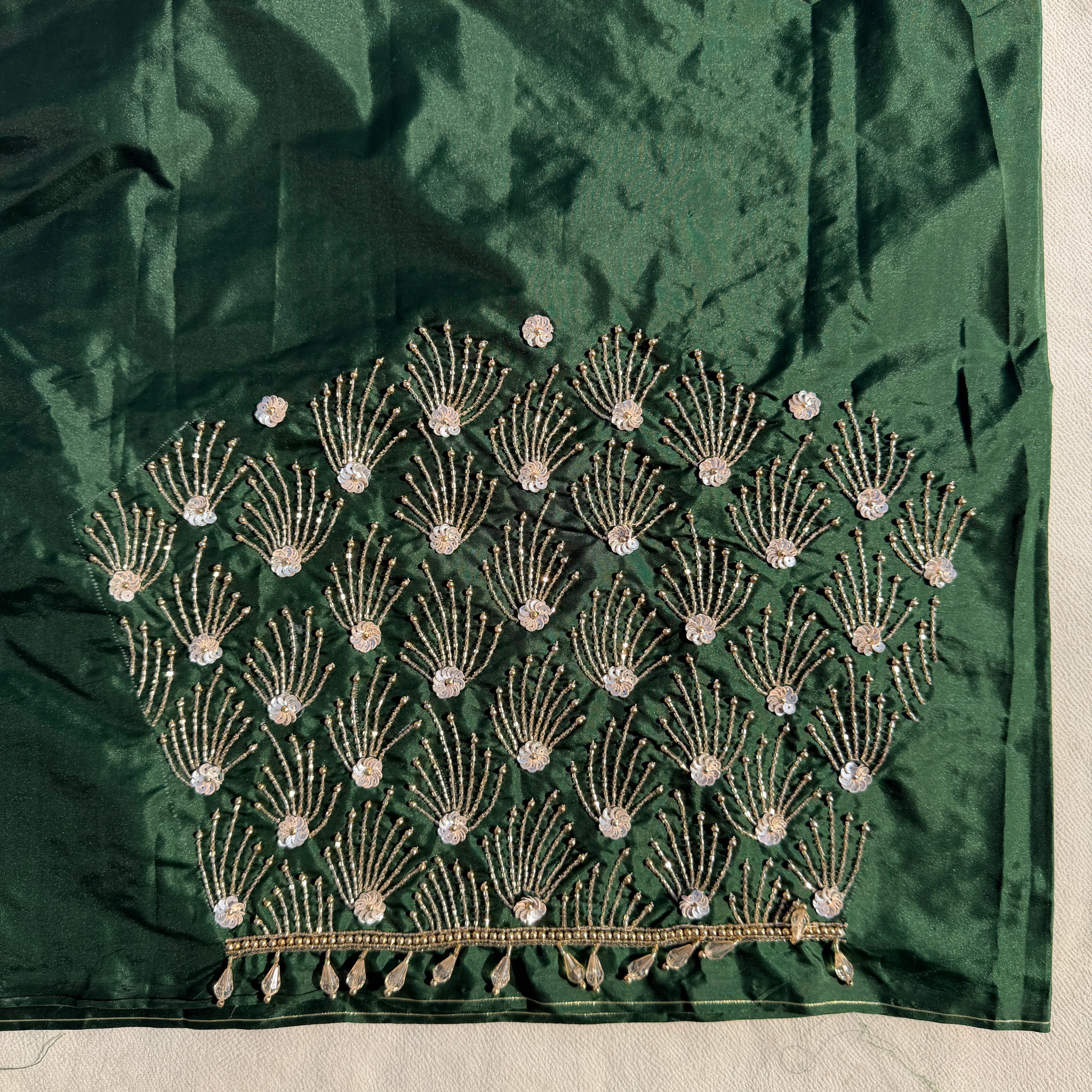 Bottle Green Aari Work Blouse Fabric in Devi silk 1 metre with Cutdana Hand Embroidery | Designer Blouse Piece for Bridal & Festive Wear