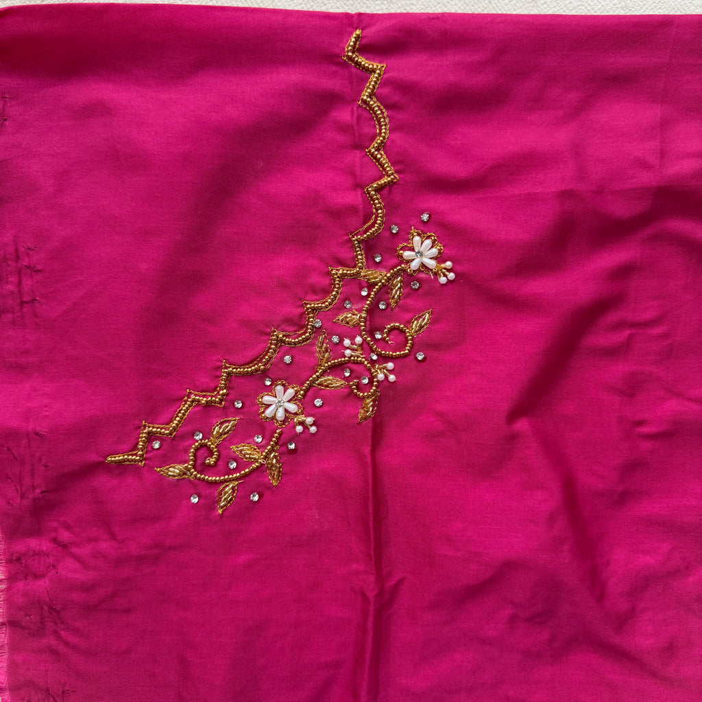 Rani pink Aari Work Blouse Fabric in Devi silk 1 metre with Cutdana Hand Embroidery | Designer Blouse Piece for Bridal & Festive Wear