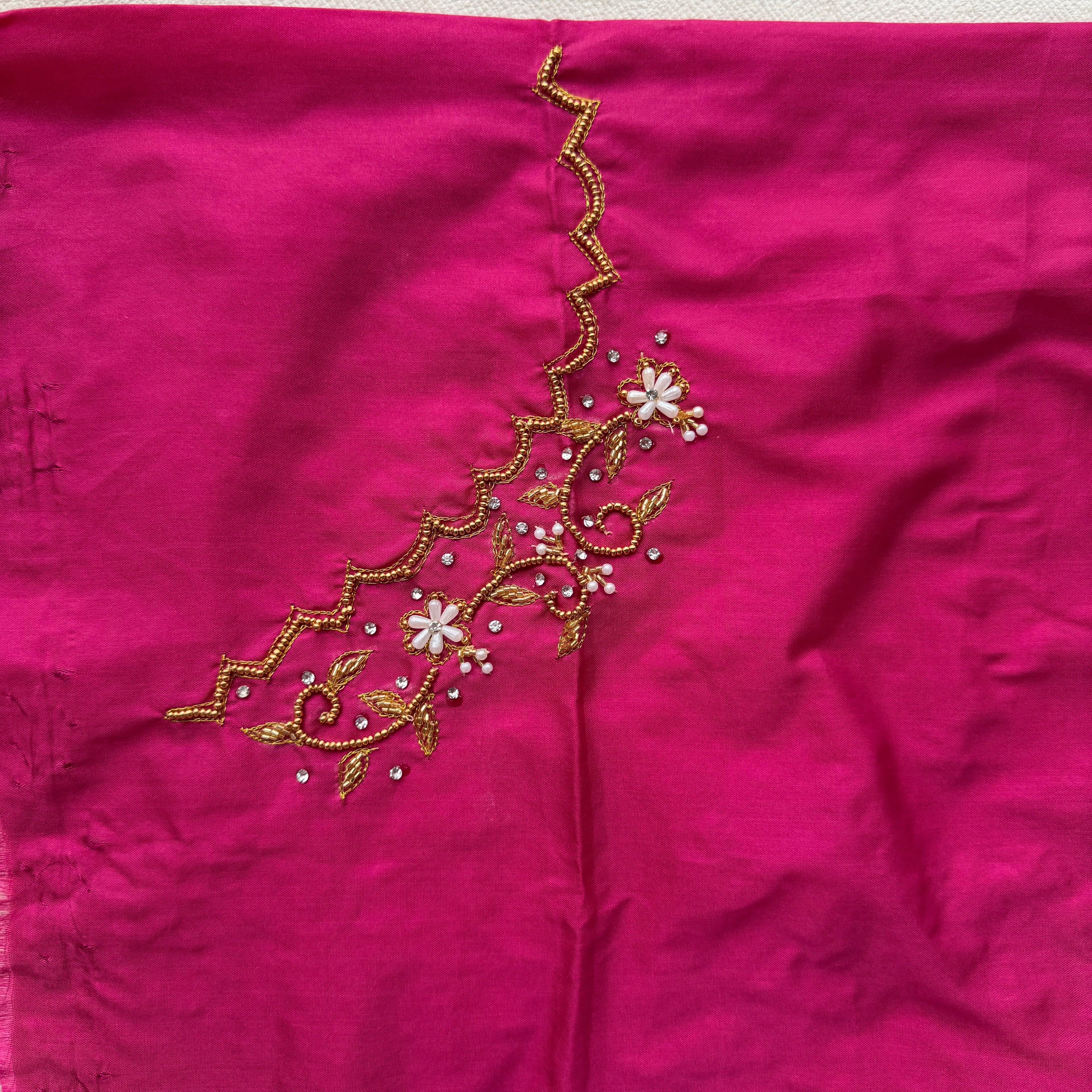 Rani pink Aari Work Blouse Fabric in Devi silk 1 metre with Cutdana Hand Embroidery | Designer Blouse Piece for Bridal & Festive Wear