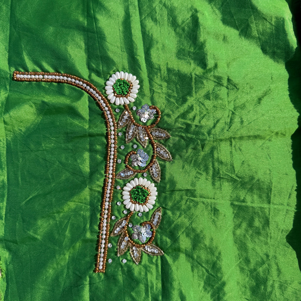 Parrot Green Aari Work Blouse Fabric in Devi silk 1 metre with Cutdana Hand Embroidery | Designer Blouse Piece for Bridal & Festive Wear