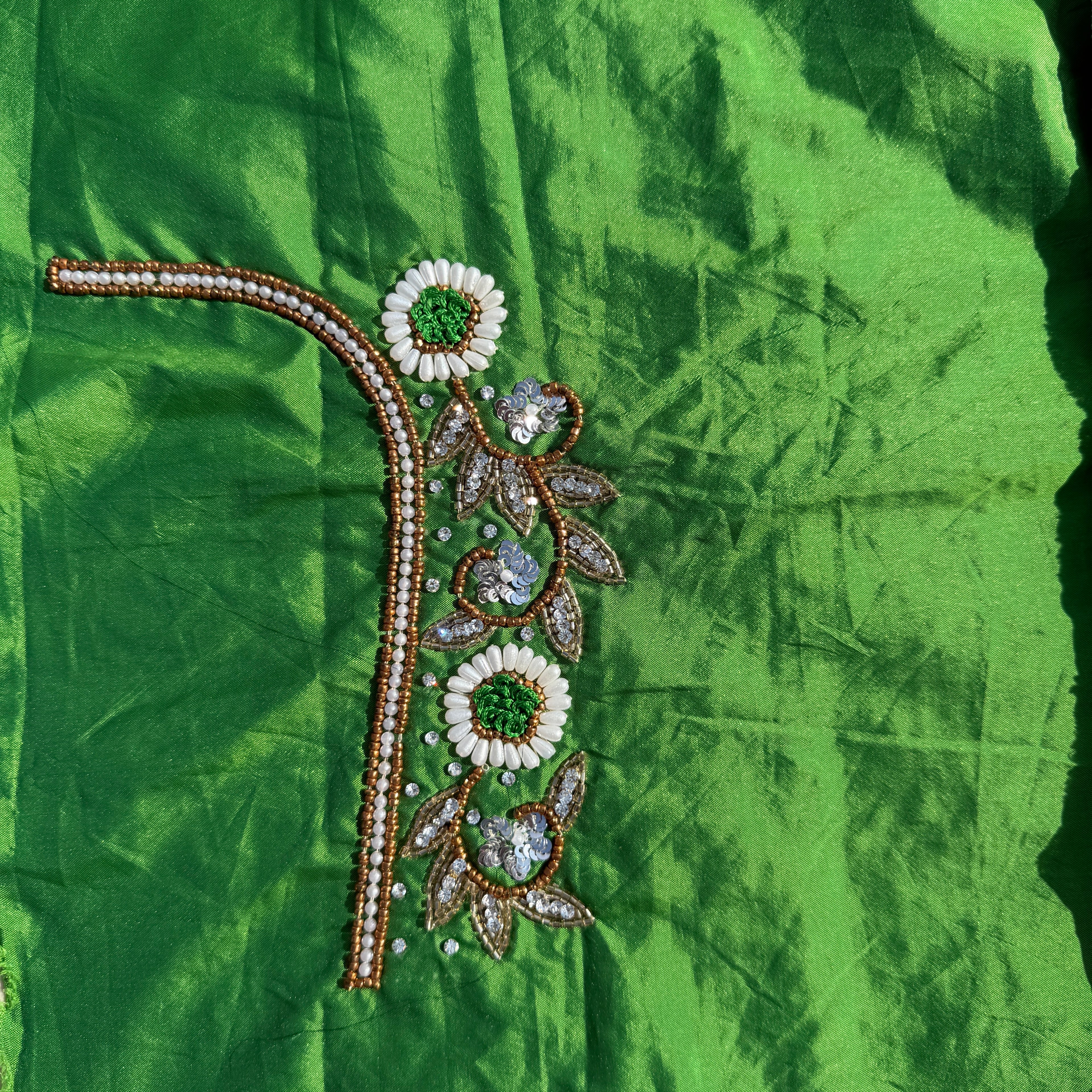 Parrot Green Aari Work Blouse Fabric in Devi silk 1 metre with Cutdana Hand Embroidery | Designer Blouse Piece for Bridal & Festive Wear